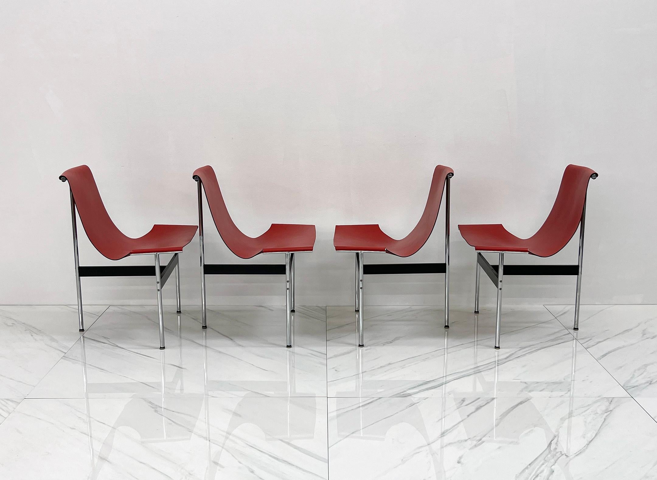 Steel Set of Four Red Leather T Chairs, Katavolos & Littell & Kelley For Sale
