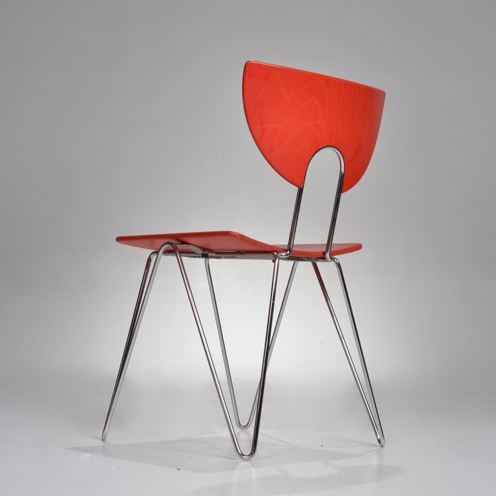 Plywood Set of Four Red Mikado 1800 Side Chairs by Walter Leeman for Kusch + Co For Sale