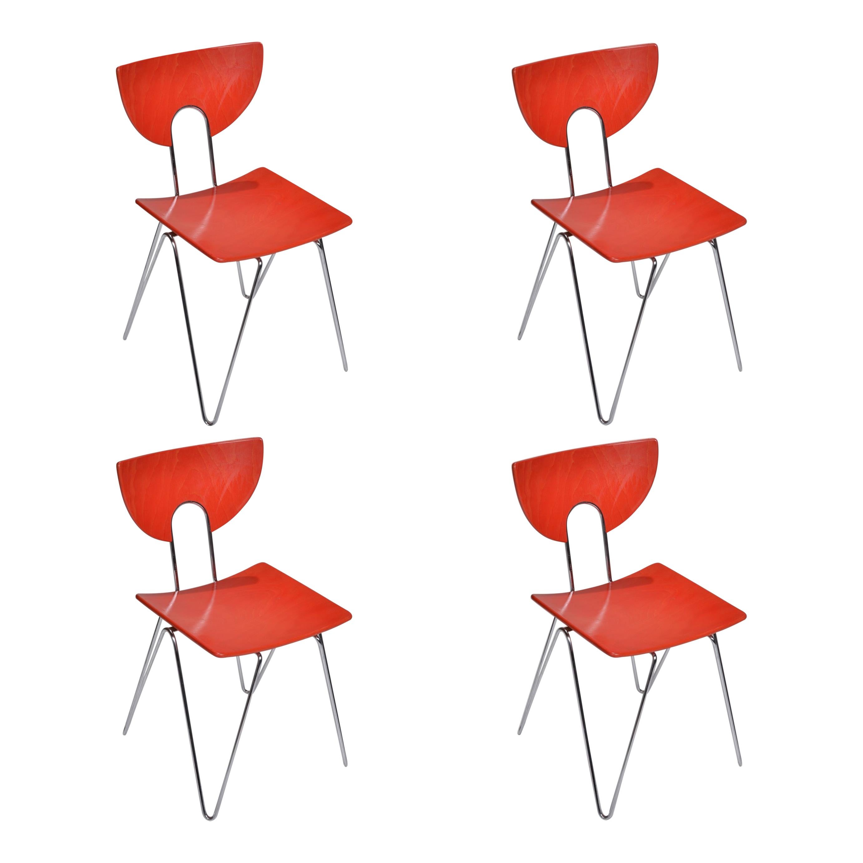 Satz von vier roten Mikado 1800 Beistellstühlen von Walter Leeman für Kusch + Co im Angebot