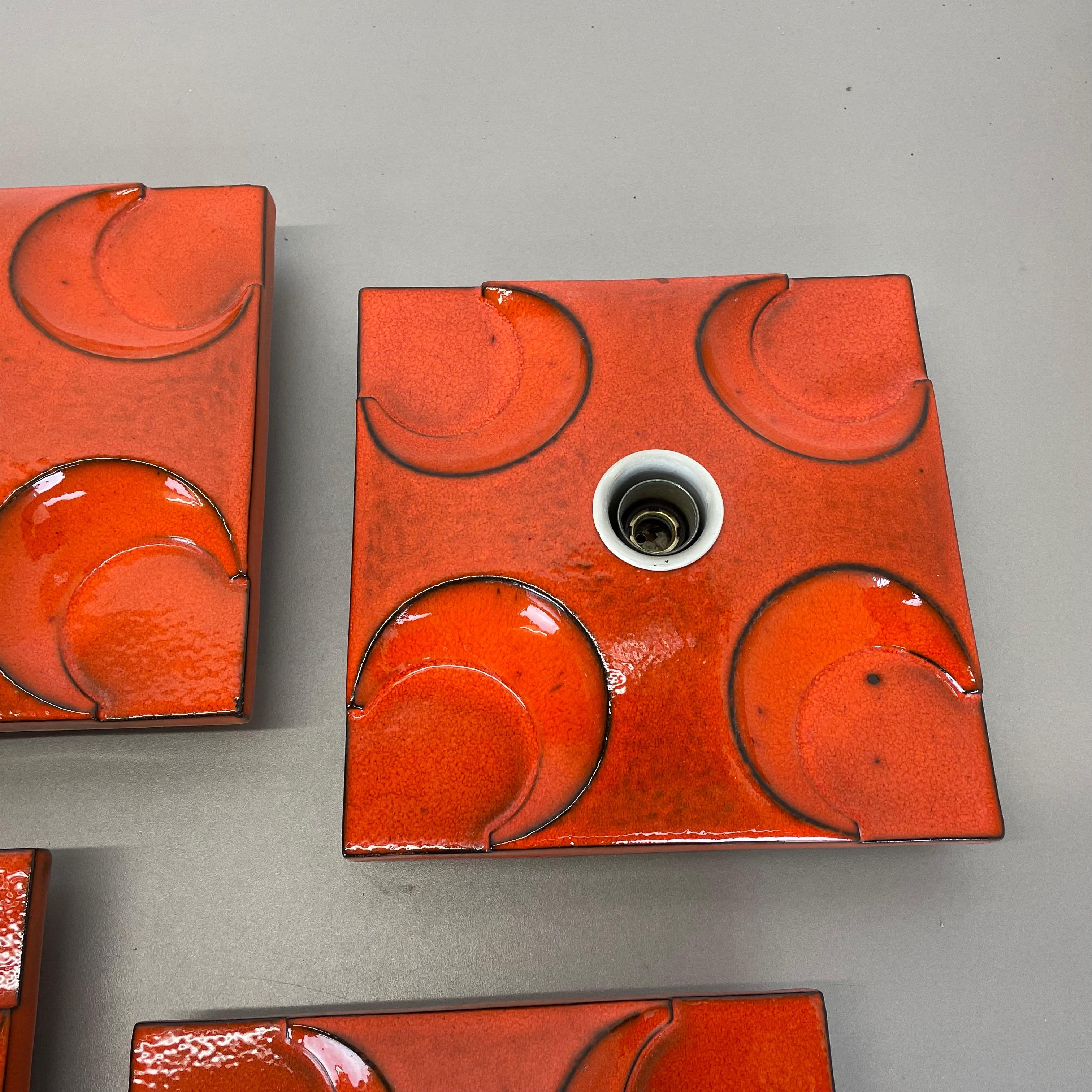 Set of Four Red-Orange Ceramic Fat Lava Wall Lights by Pan Ceramics Germany 1970 For Sale 4