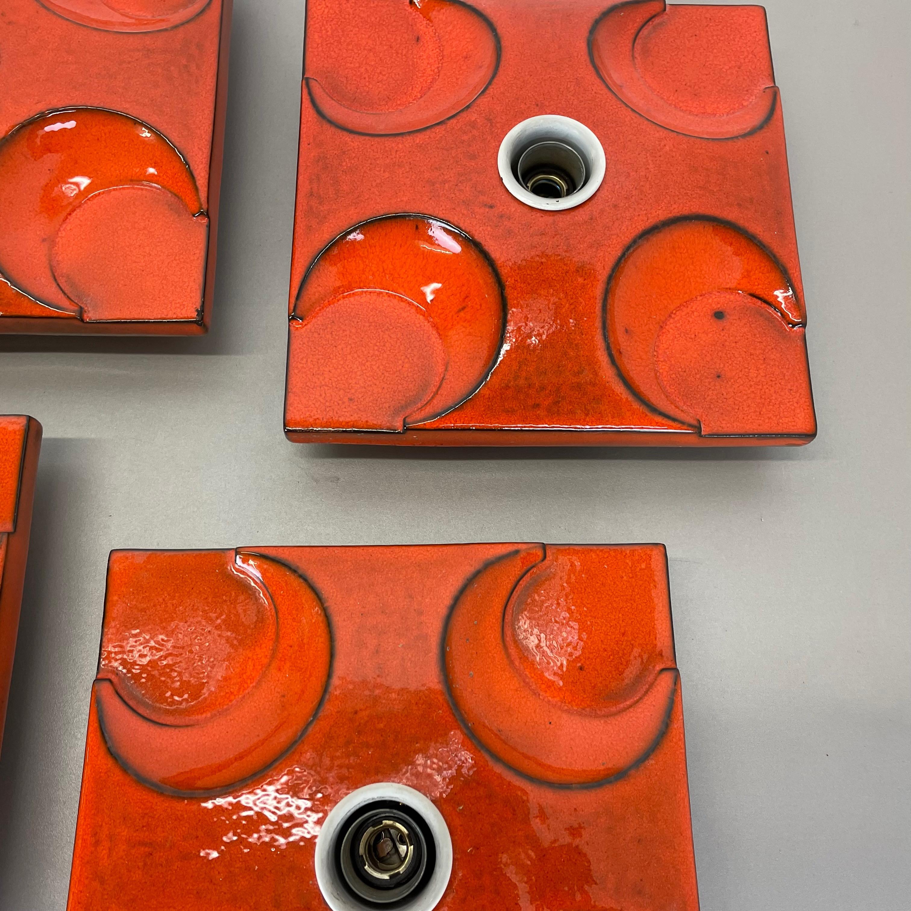 Set of Four Red-Orange Ceramic Fat Lava Wall Lights by Pan Ceramics Germany 1970 For Sale 5