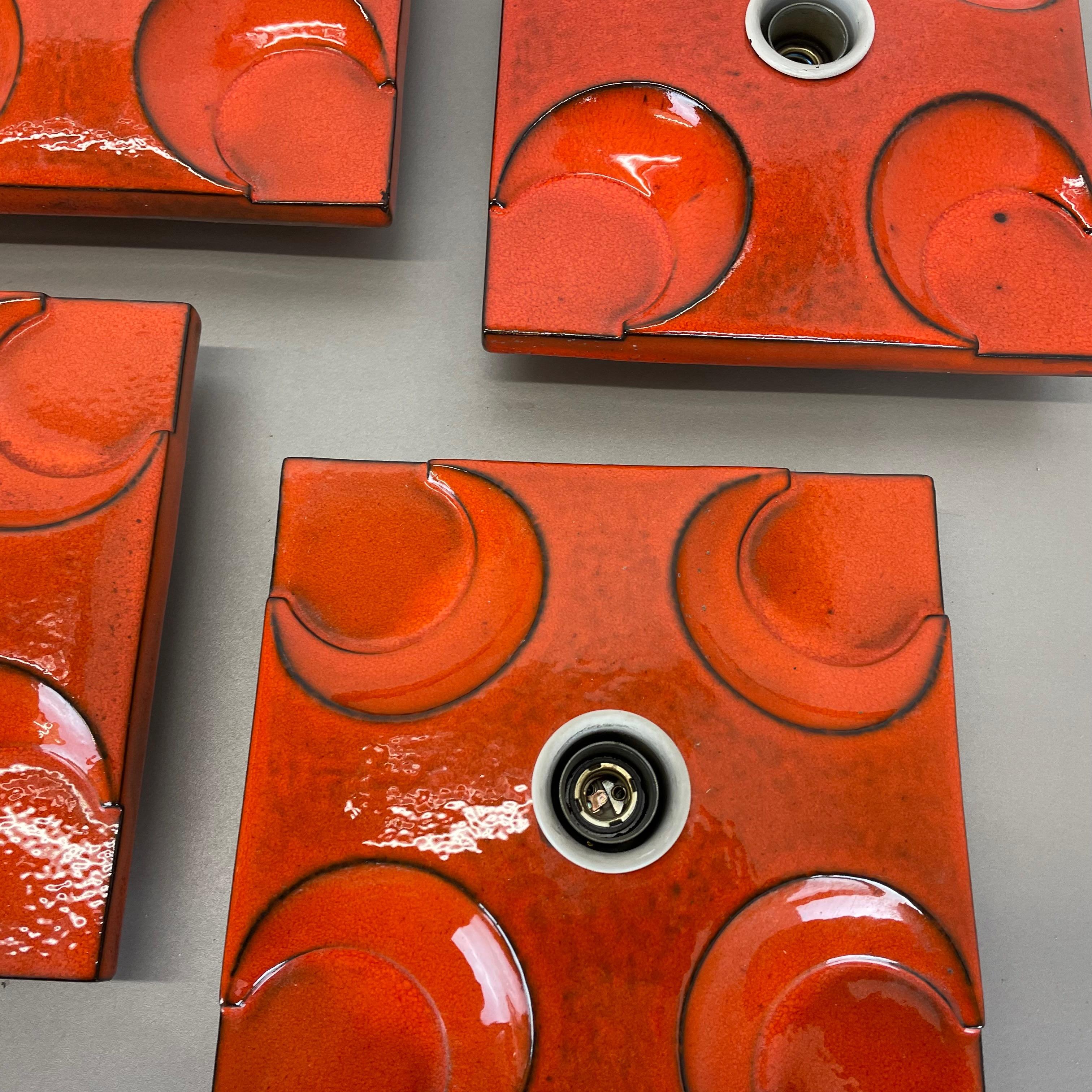 Set of Four Red-Orange Ceramic Fat Lava Wall Lights by Pan Ceramics Germany 1970 For Sale 6