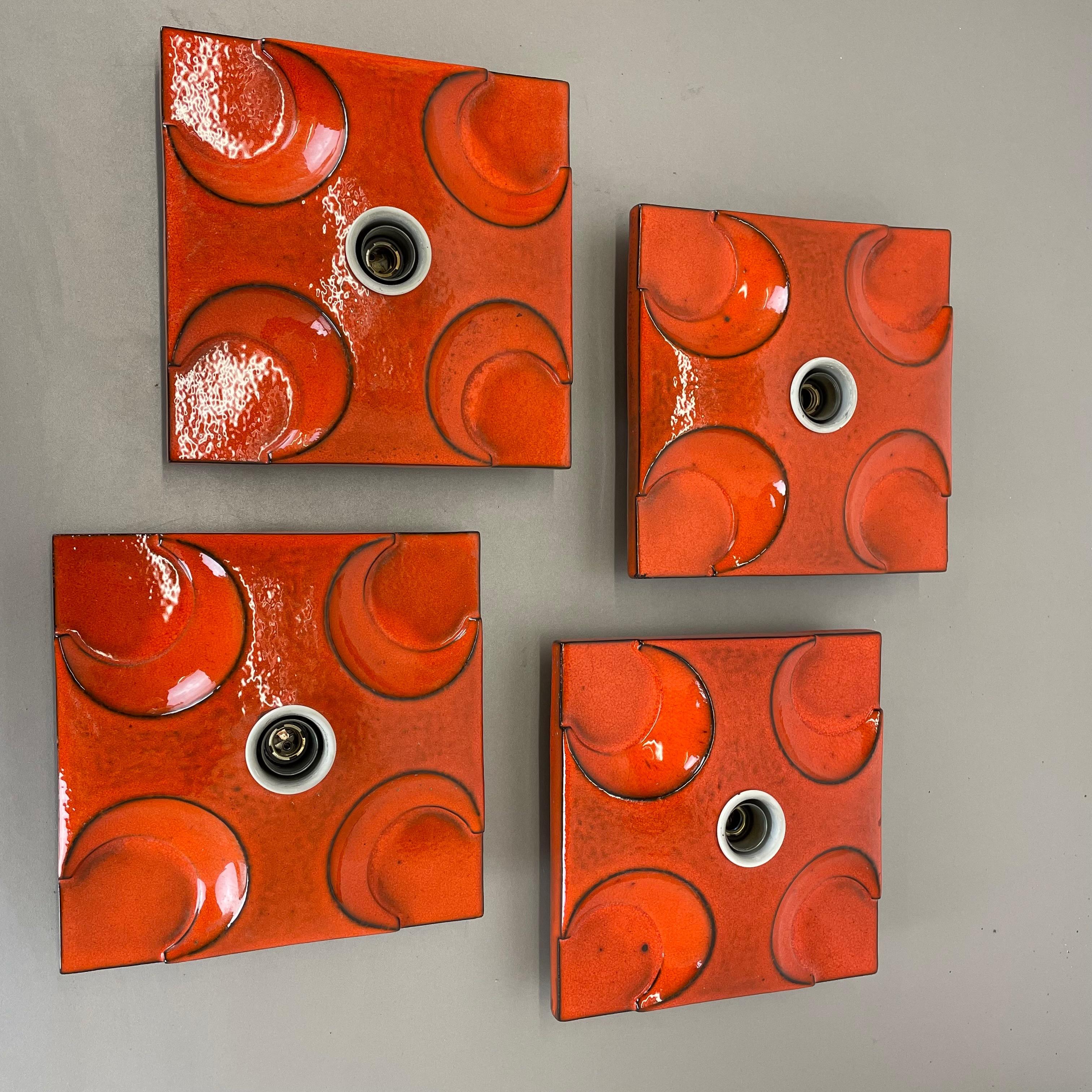 Mid-Century Modern Set of Four Red-Orange Ceramic Fat Lava Wall Lights by Pan Ceramics Germany 1970 For Sale