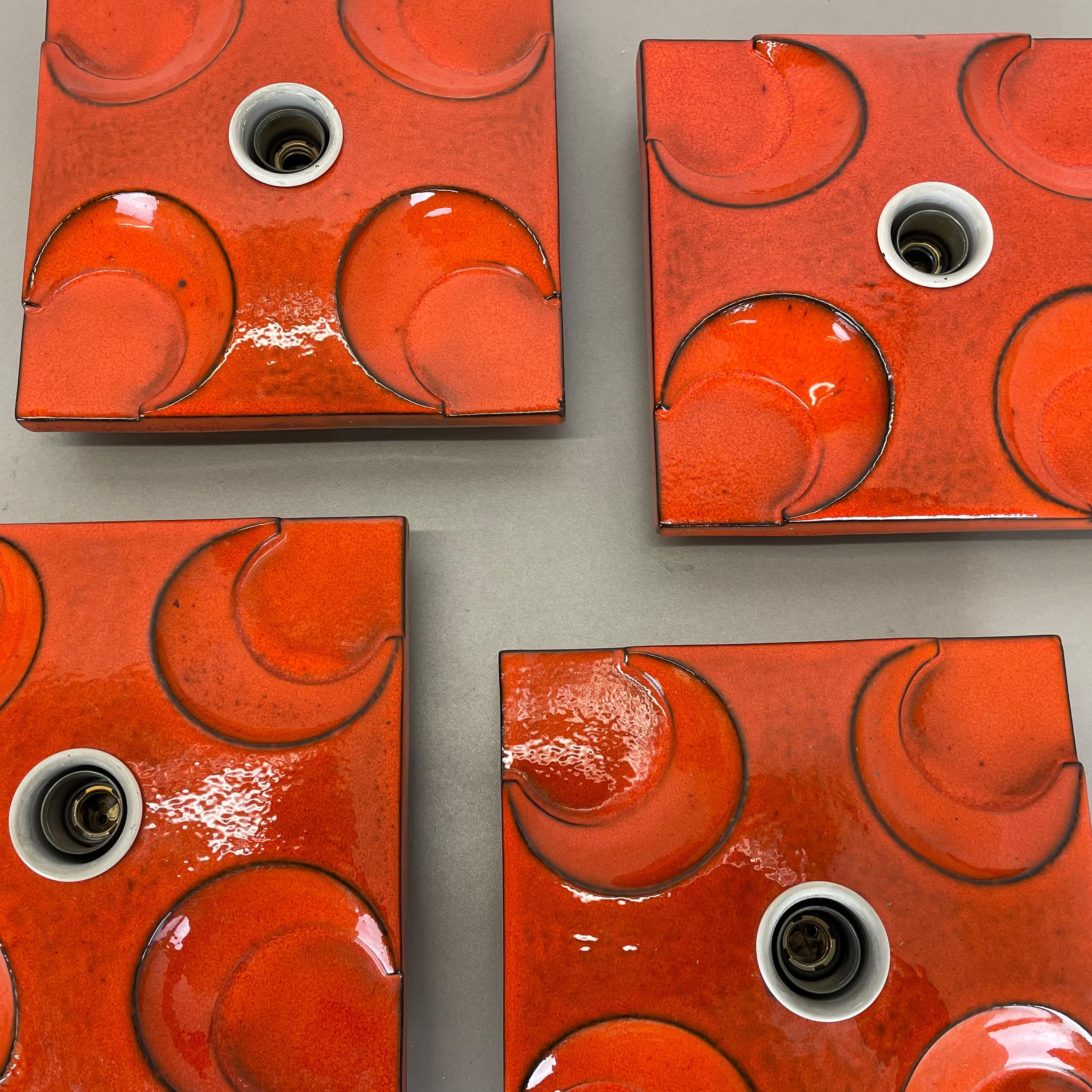 Set of Four Red-Orange Ceramic Fat Lava Wall Lights by Pan Ceramics Germany 1970 In Good Condition For Sale In Kirchlengern, DE