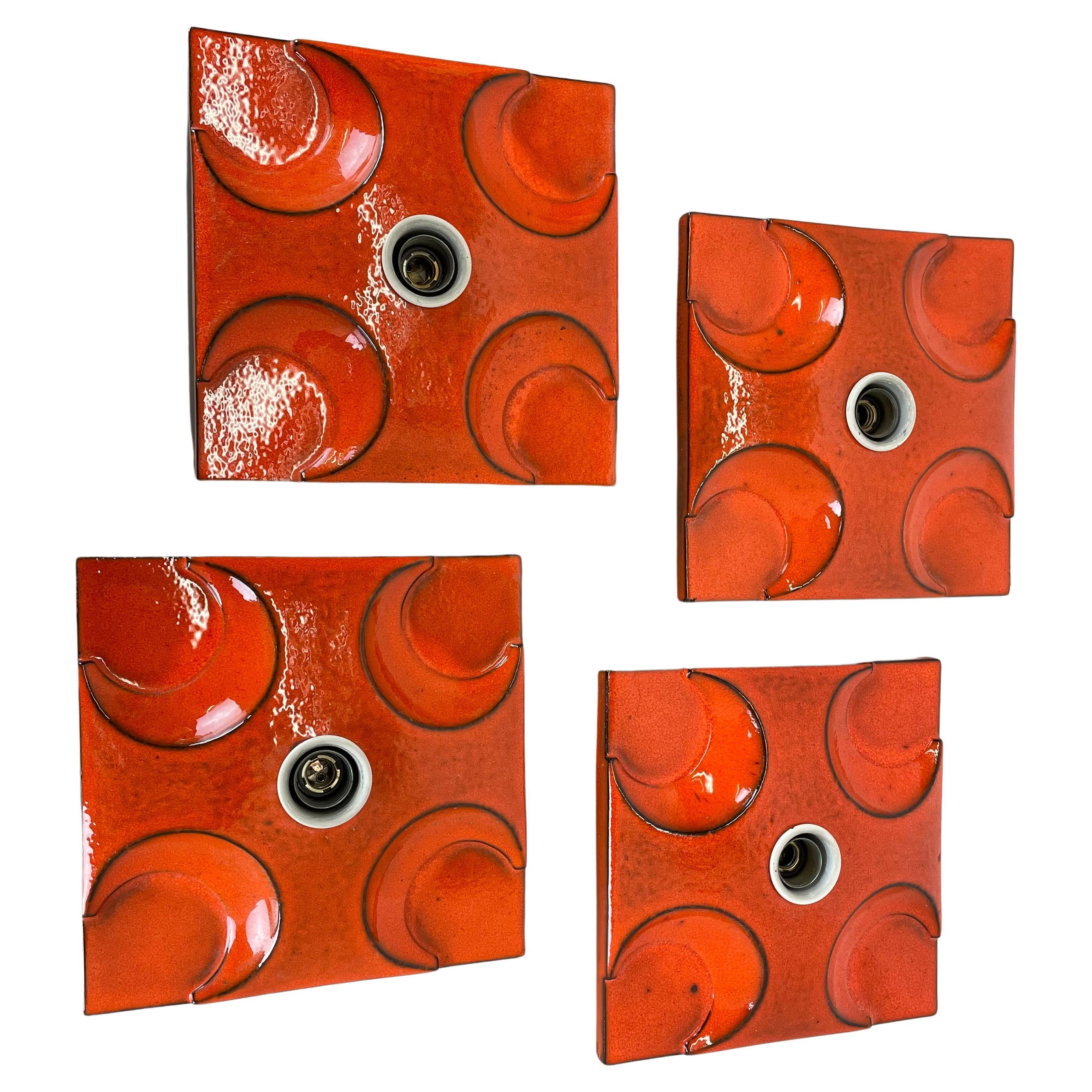 Set of Four Red-Orange Ceramic Fat Lava Wall Lights by Pan Ceramics Germany 1970 For Sale