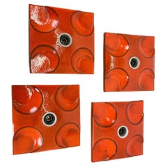 Satz von vier rot-orangefarbenen Wandleuchten aus Keramik von Pan Ceramics Deutschland 1970