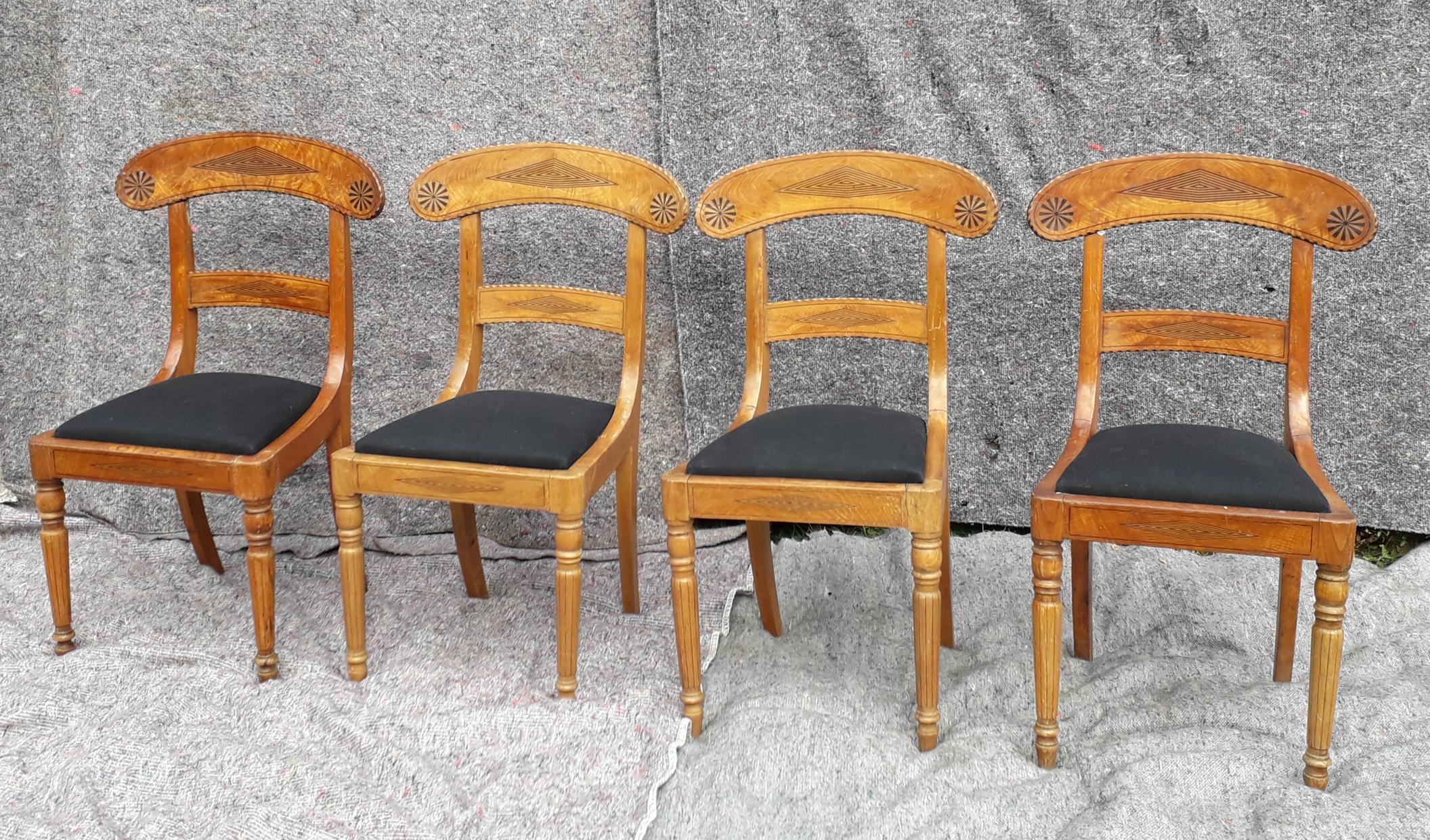 An outstanding set of four rare Swedish Biedermier chairs rarely made in Ash timber, the top rail with flamed crotch book matched veneers with beautifully set in ebony stringing carried right through the chair.