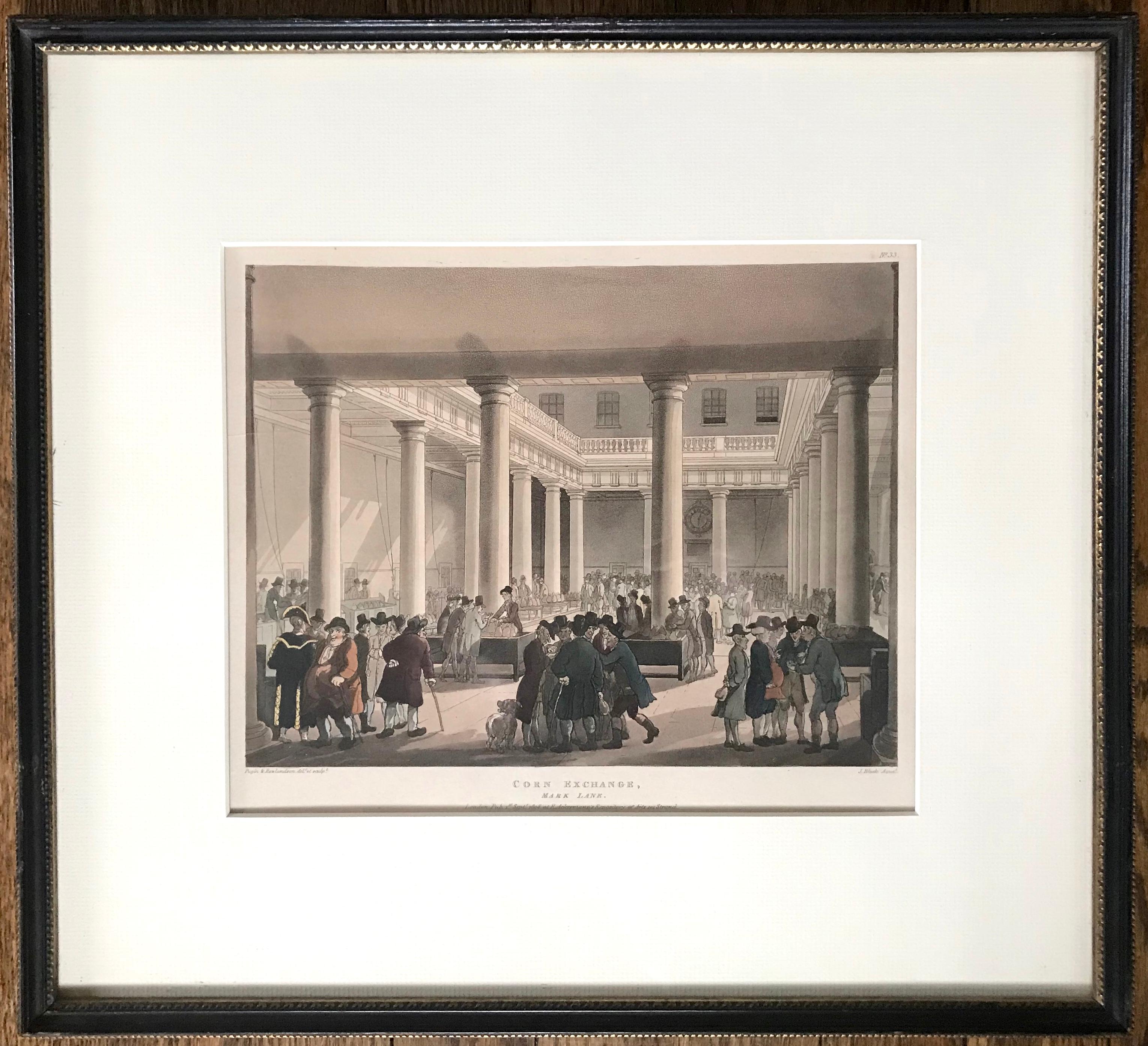 Satz von vier kolorierten Stichen aus der Regency-Zeit von Rowlandson. Vier gerahmte kolorierte Stiche von Londoner Wahrzeichen aus der Regency-Zeit, darunter die Corn Exchange, von Rowlandson, um 1808.
Abmessungen: 17.25