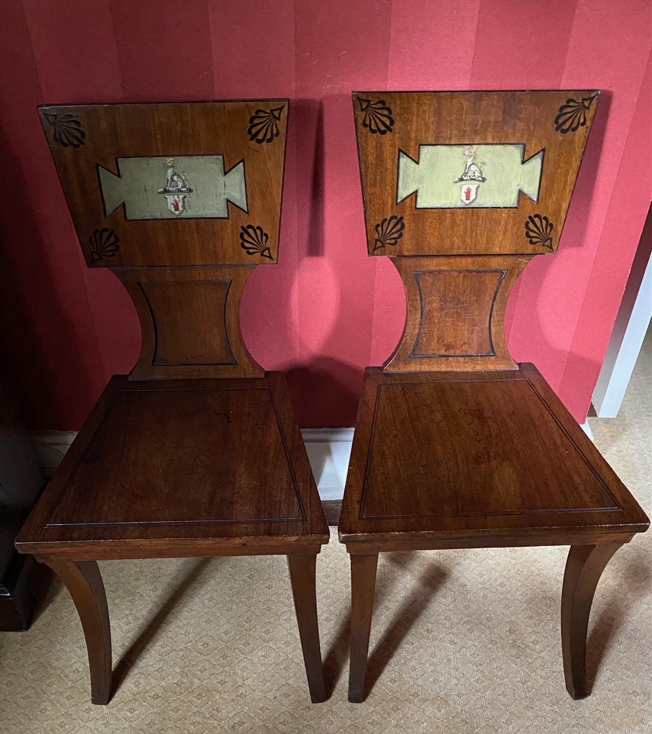 Set of Four Regency Mahogany and Ebony Armorial Hall Chairs For Sale 2
