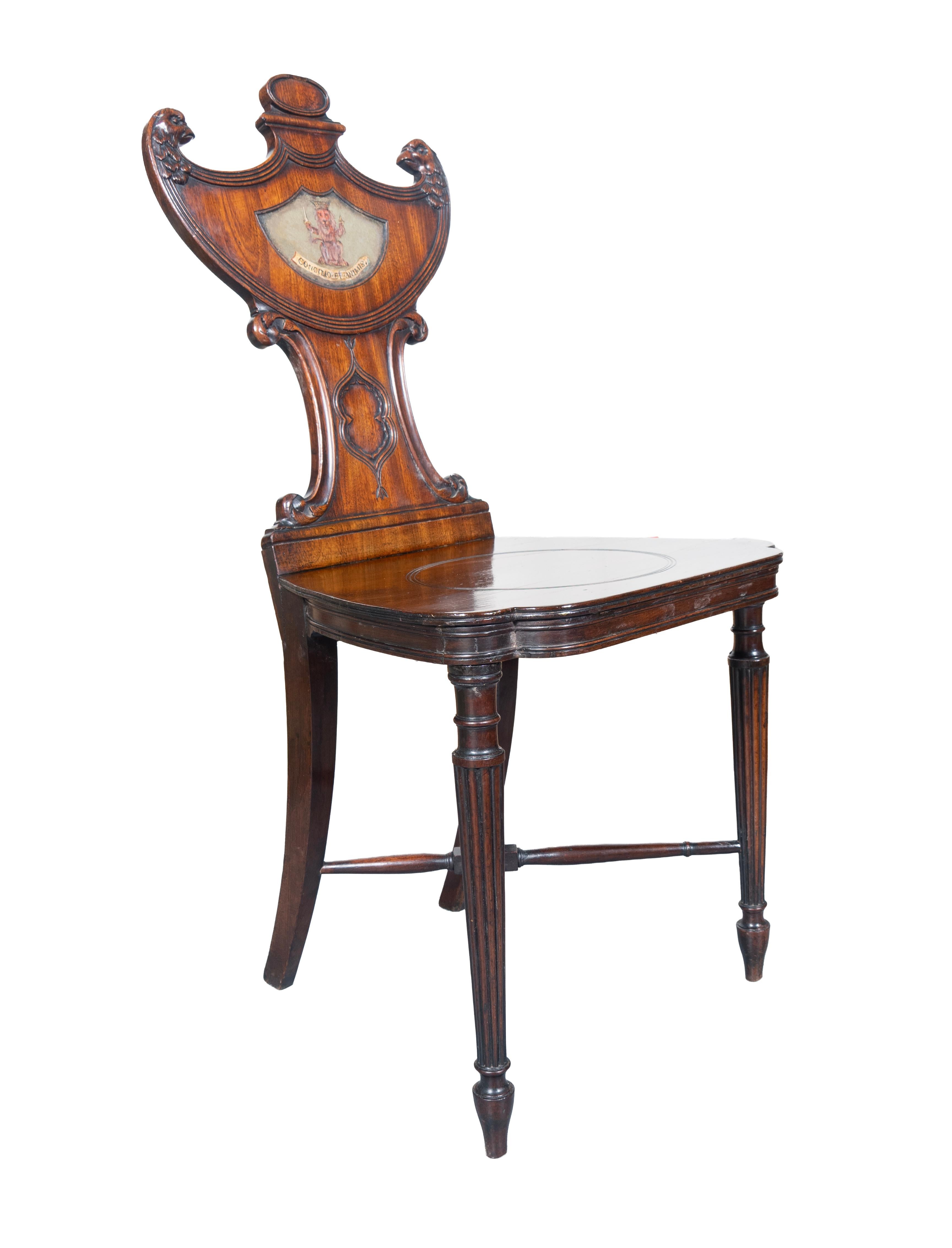 Set Of Four Regency Mahogany Armorial Hall Chairs In Good Condition For Sale In Essex, MA