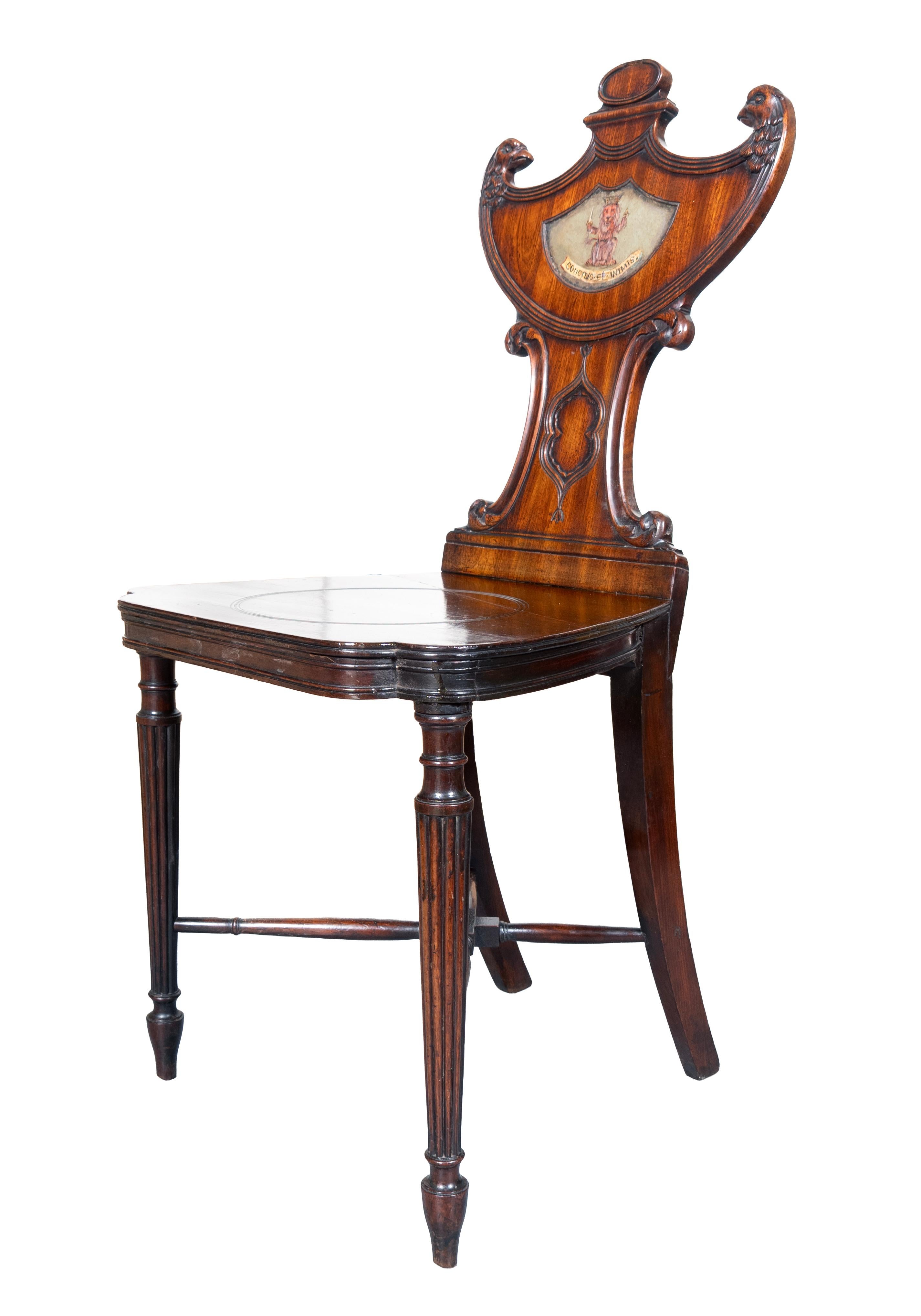 Set Of Four Regency Mahogany Armorial Hall Chairs For Sale 3