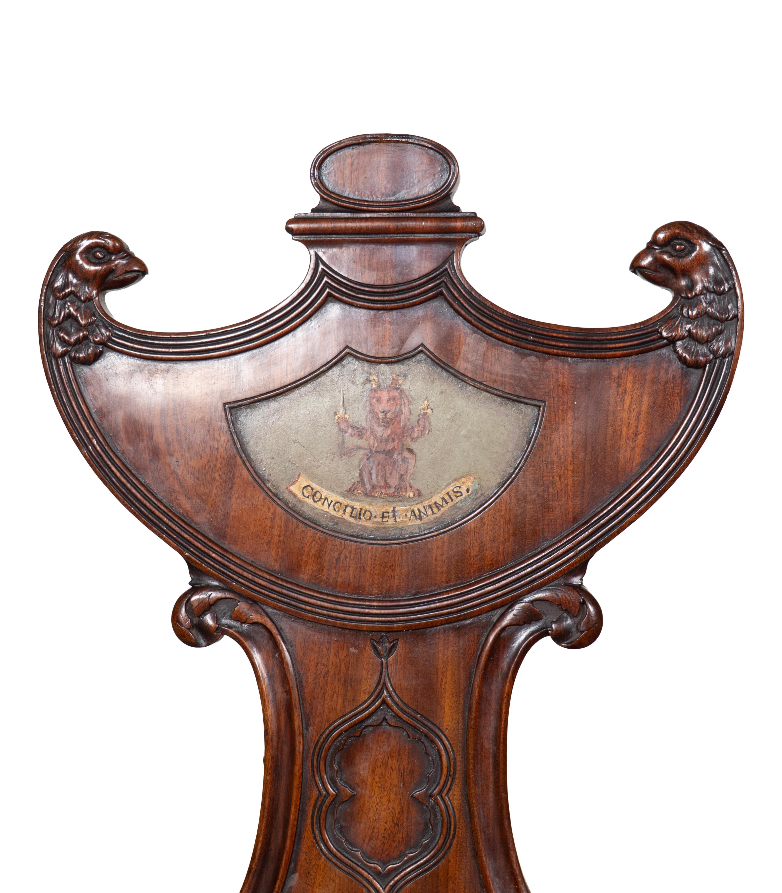 Set Of Four Regency Mahogany Armorial Hall Chairs For Sale 4