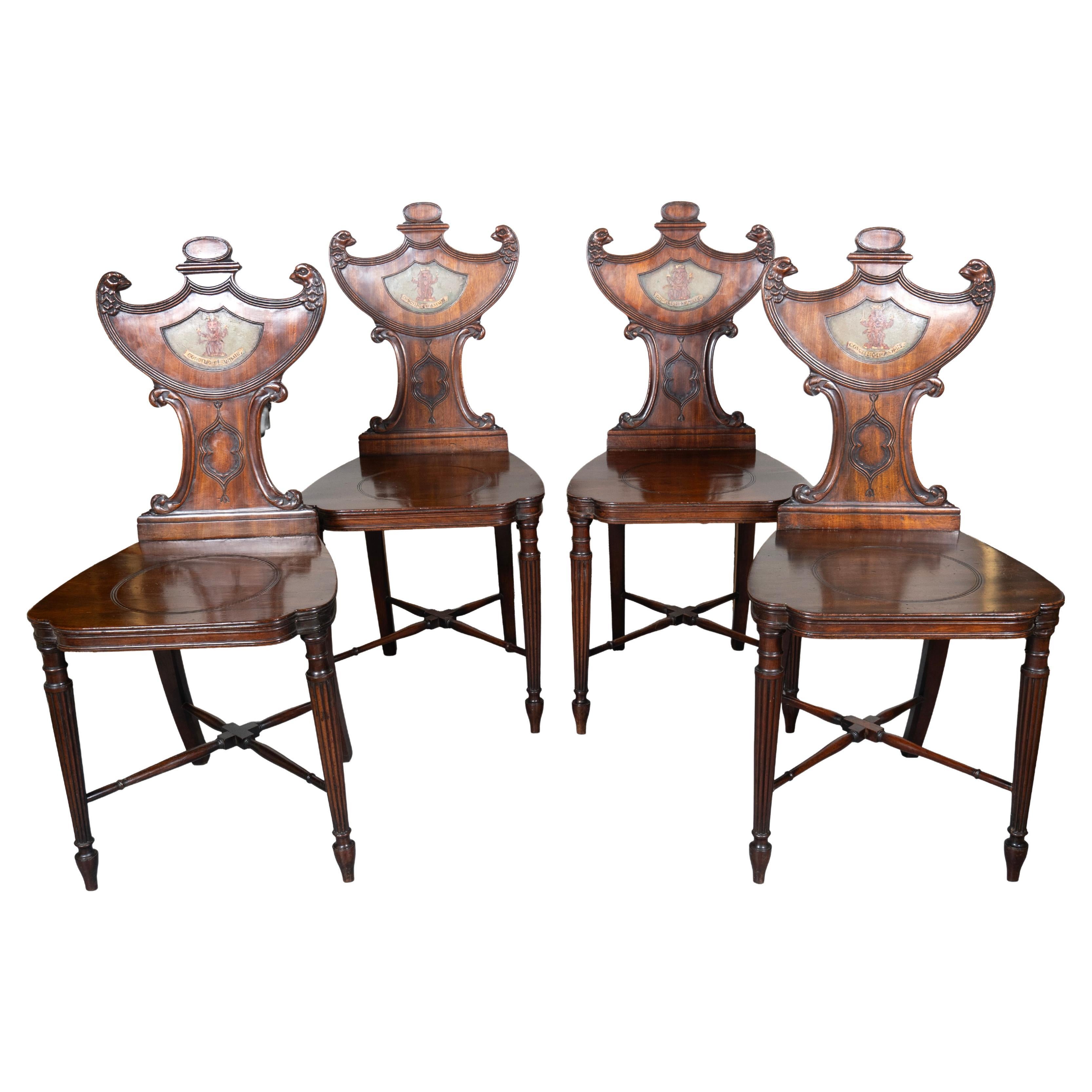 Set Of Four Regency Mahogany Armorial Hall Chairs For Sale