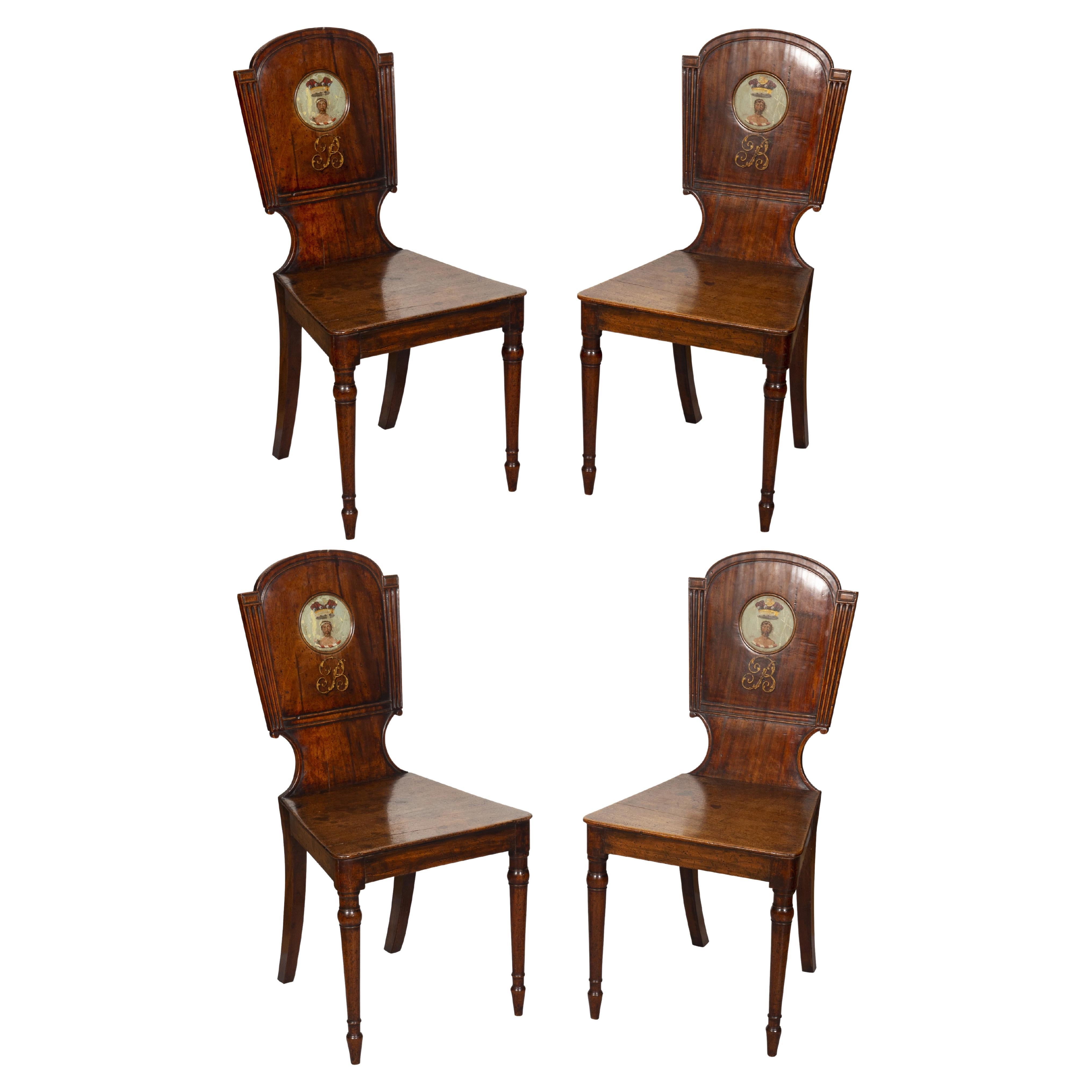 Set of Four Regency Mahogany Hall Chairs with Armorial Crest