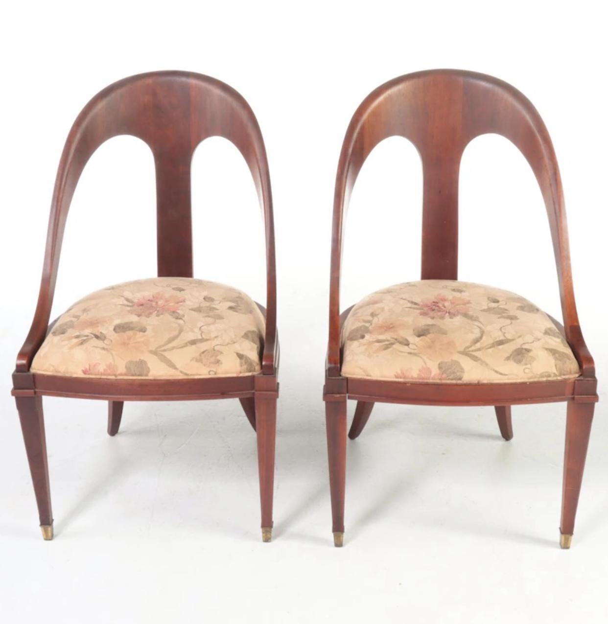 Classic and restored set of four regency styled mahogany spoon back dining chairs. Reupholstered when restored back in the 1990s. 
Very good restored condition with minor non structural patina left in place. Older cracks have been reglued as seen in