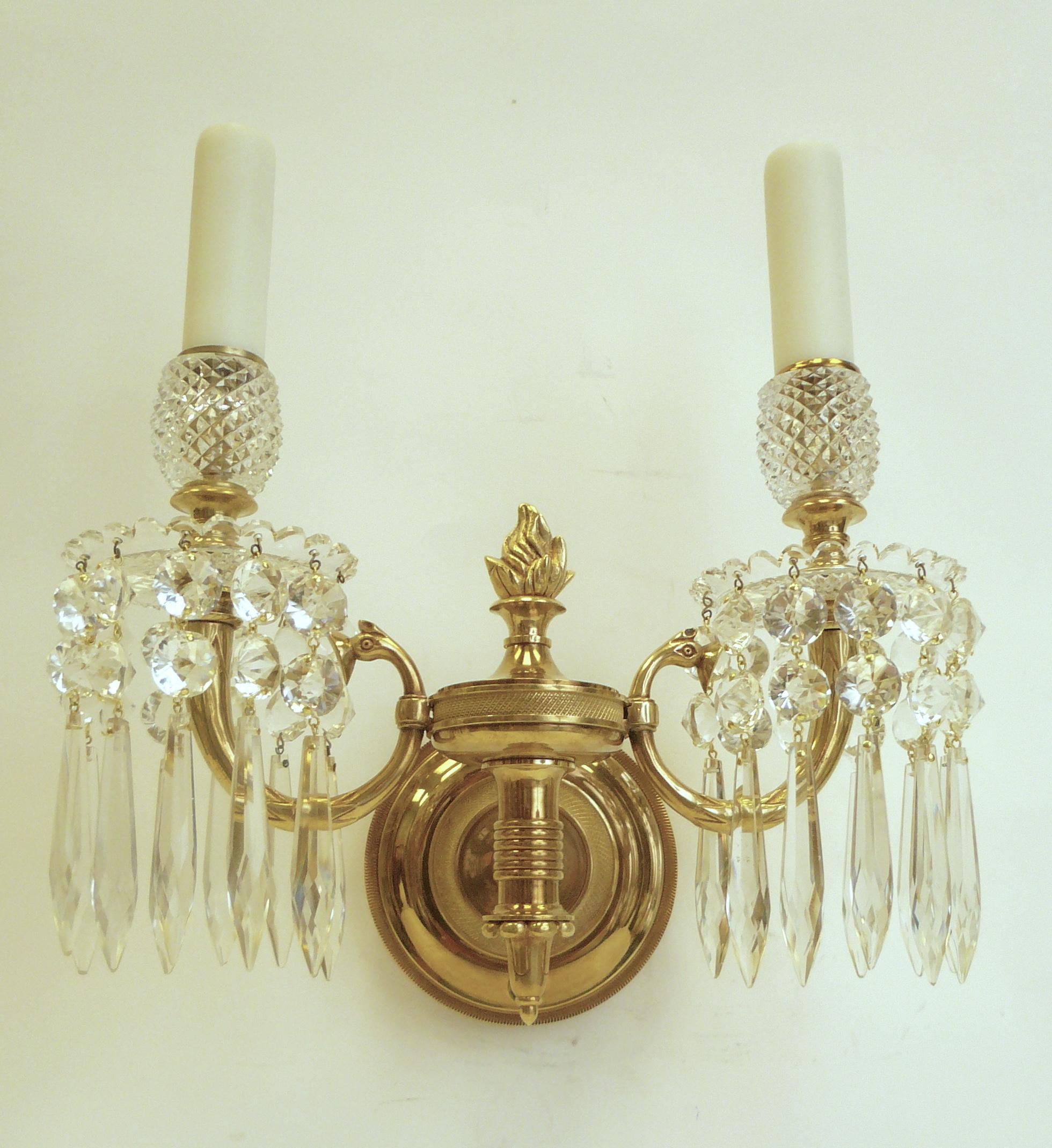 These fine quality English sconces feature flame finials, and diamond cut candle cups.