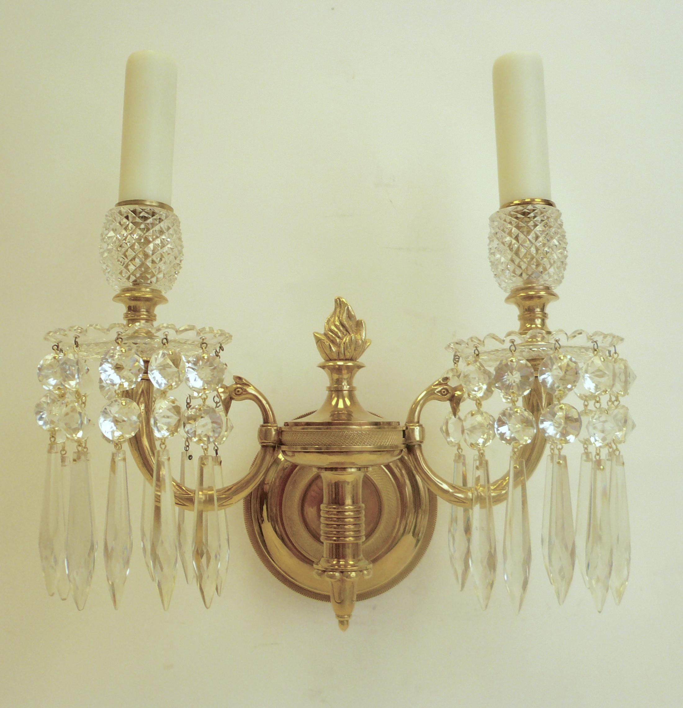 English Set of Four Regency Style Bronze and Crystal Sconces by Perry & Co.