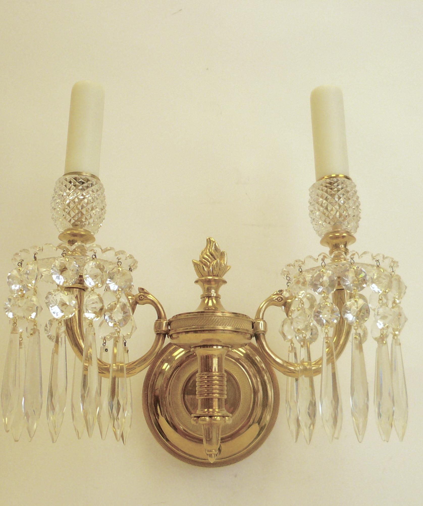 Faceted Set of Four Regency Style Bronze and Crystal Sconces by Perry & Co.