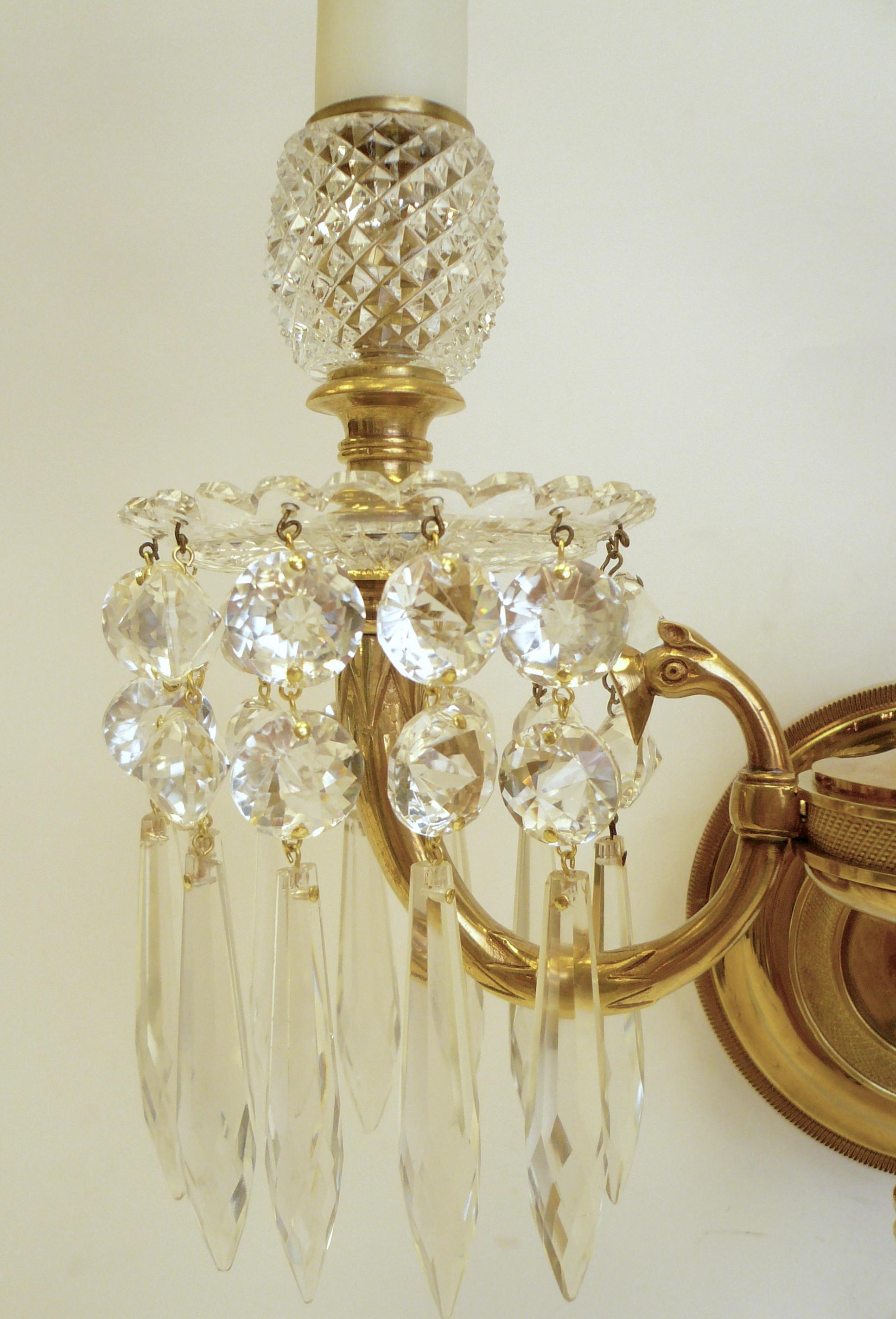 19th Century Set of Four Regency Style Bronze and Crystal Sconces by Perry & Co.