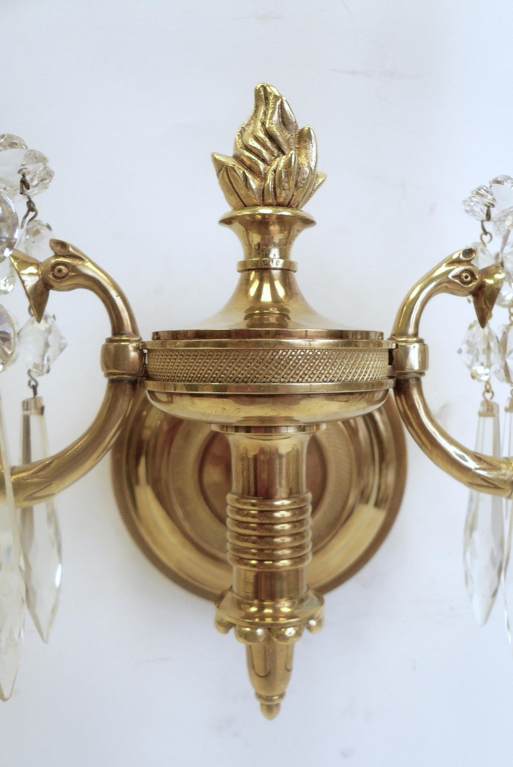 Set of Four Regency Style Bronze and Crystal Sconces by Perry & Co. 1