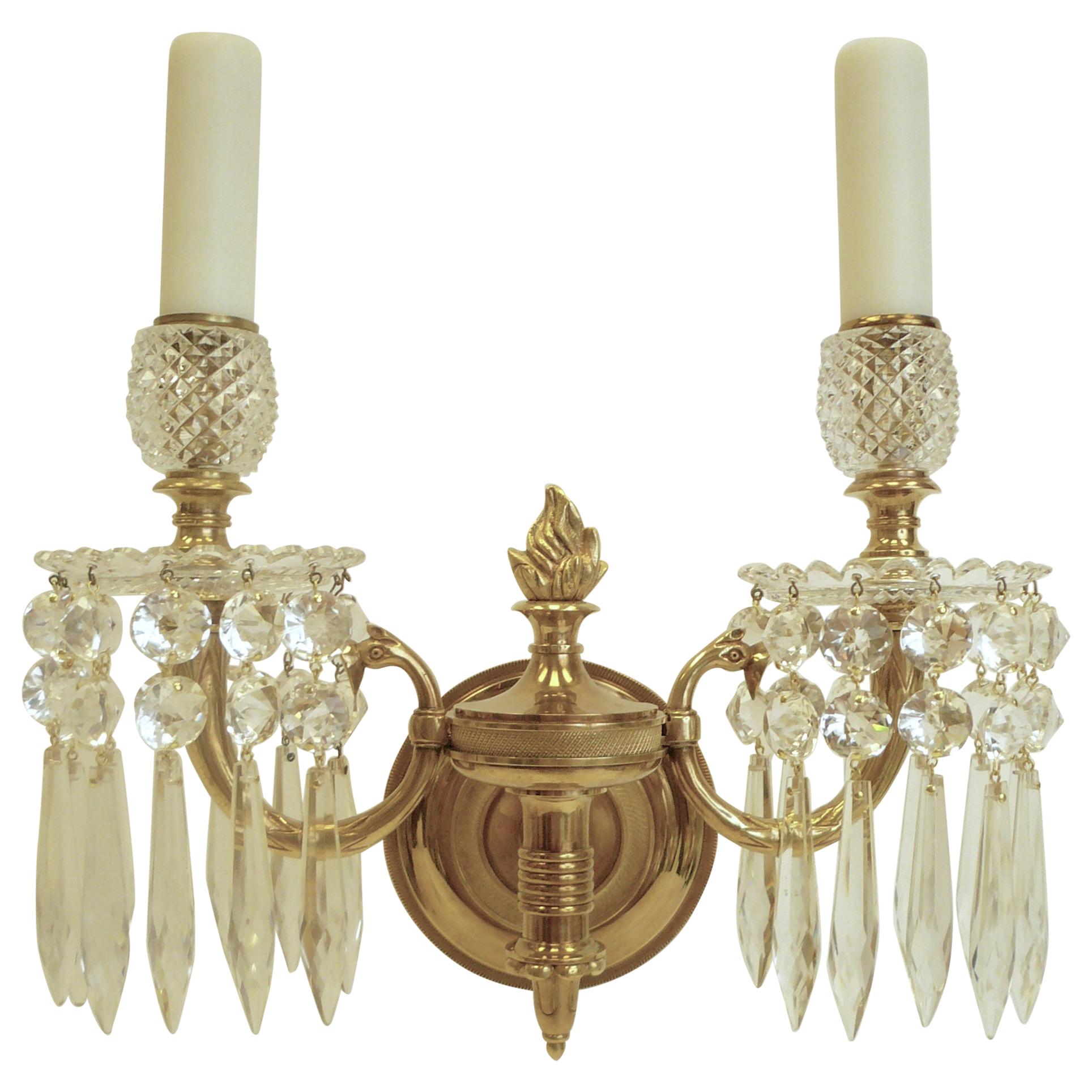Set of Four Regency Style Bronze and Crystal Sconces by Perry & Co.