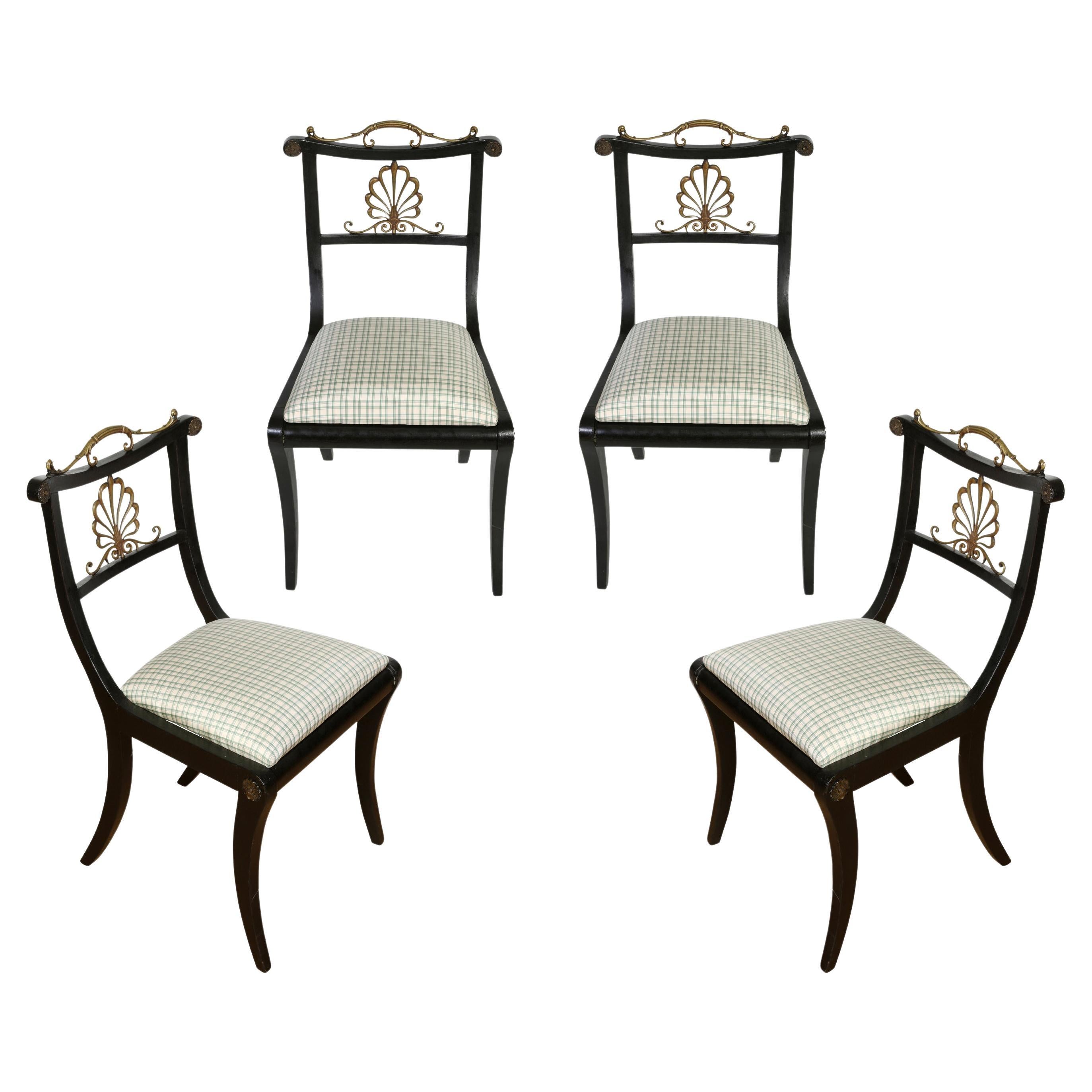 Set of Four Regency Style Ebony Side Chairs With Newly Upholstered Silk Cushions For Sale