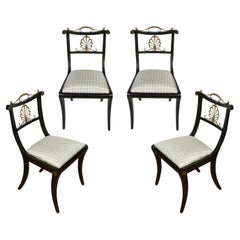 Vintage Set of Four Regency Style Ebony Side Chairs With Newly Upholstered Silk Cushions