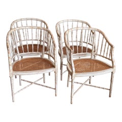 Set of Four Regency Style White Painted Faux Bamboo Armchairs with Cane Seats