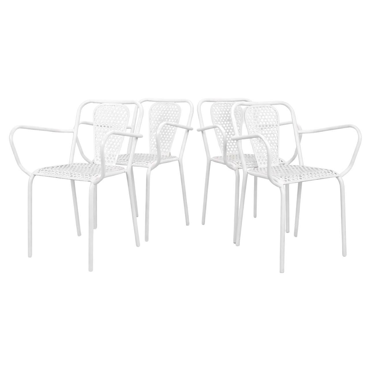 Set of Four René Malaval Garden Chairs, White Lacquered Metal, France, 1950s–60s