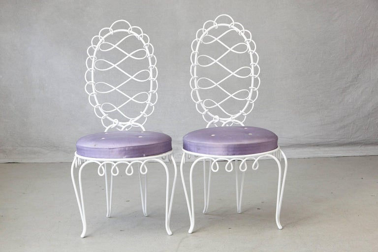 Satin Set of Four René Prou 'Fer Forgé Rond' Iron Side Chairs, France, 1940's For Sale