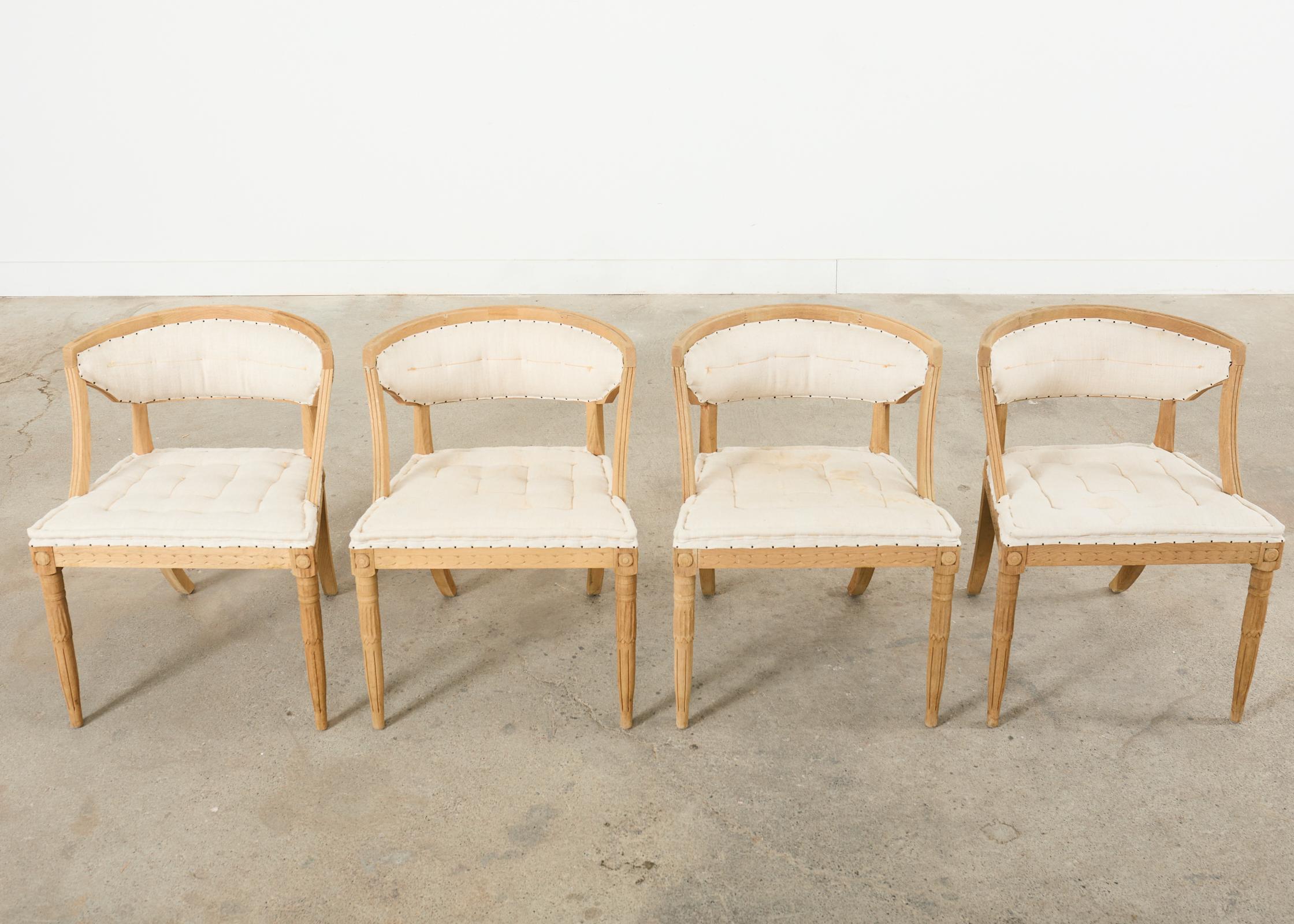 Set of Four Restoration Hardware Swedish Gustavian Style Dining Chairs  In Distressed Condition For Sale In Rio Vista, CA