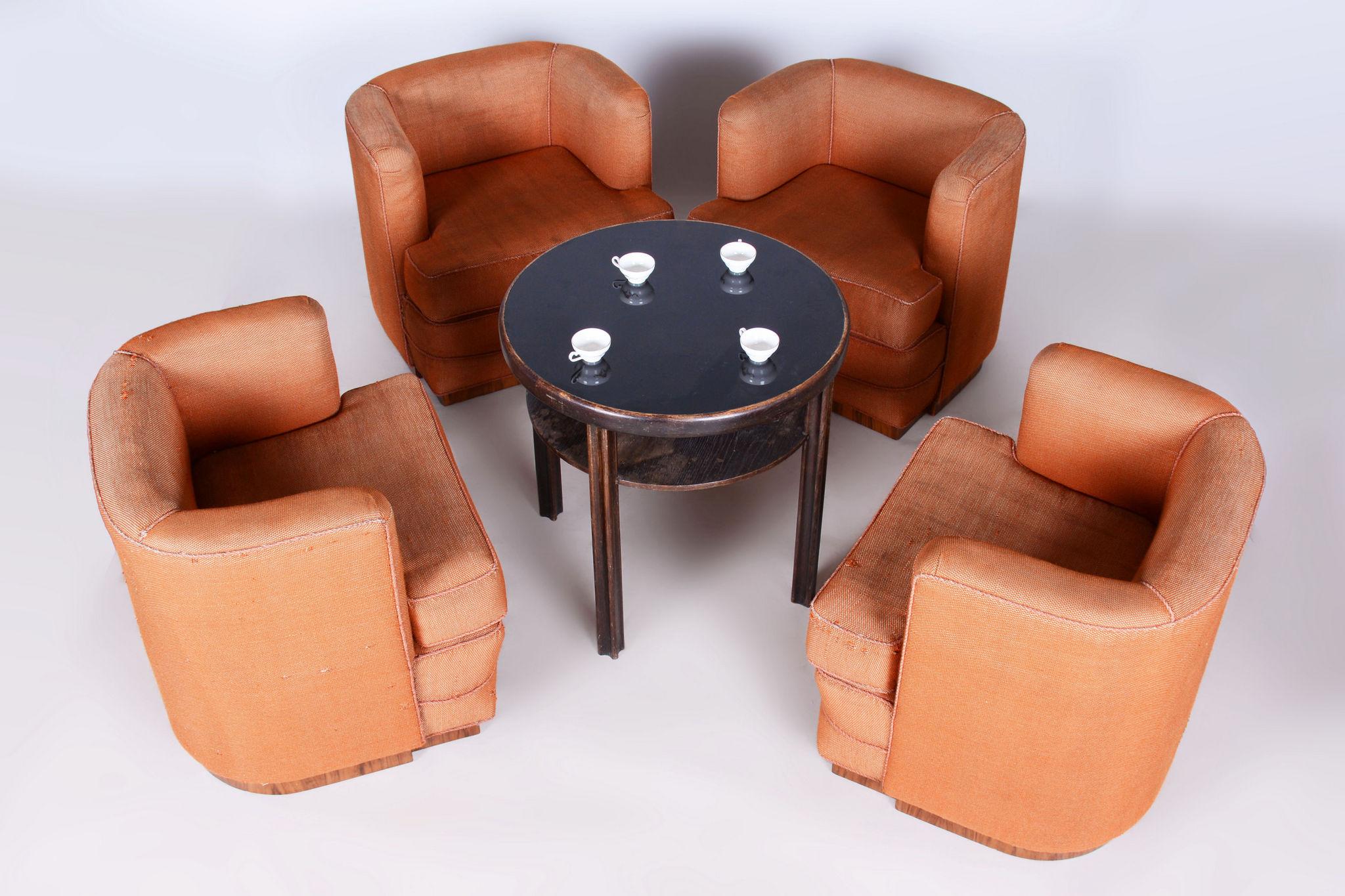Upholstery Set of Four Restored Art Deco Armchairs, Beech, Walnut Veneer, Czech, 1920s For Sale