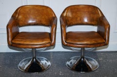 SET OF FOUR RESTORED HAND DYED LEATHER LARGO JOHANSON DESIGN SWIVEL ARMCHAiRS