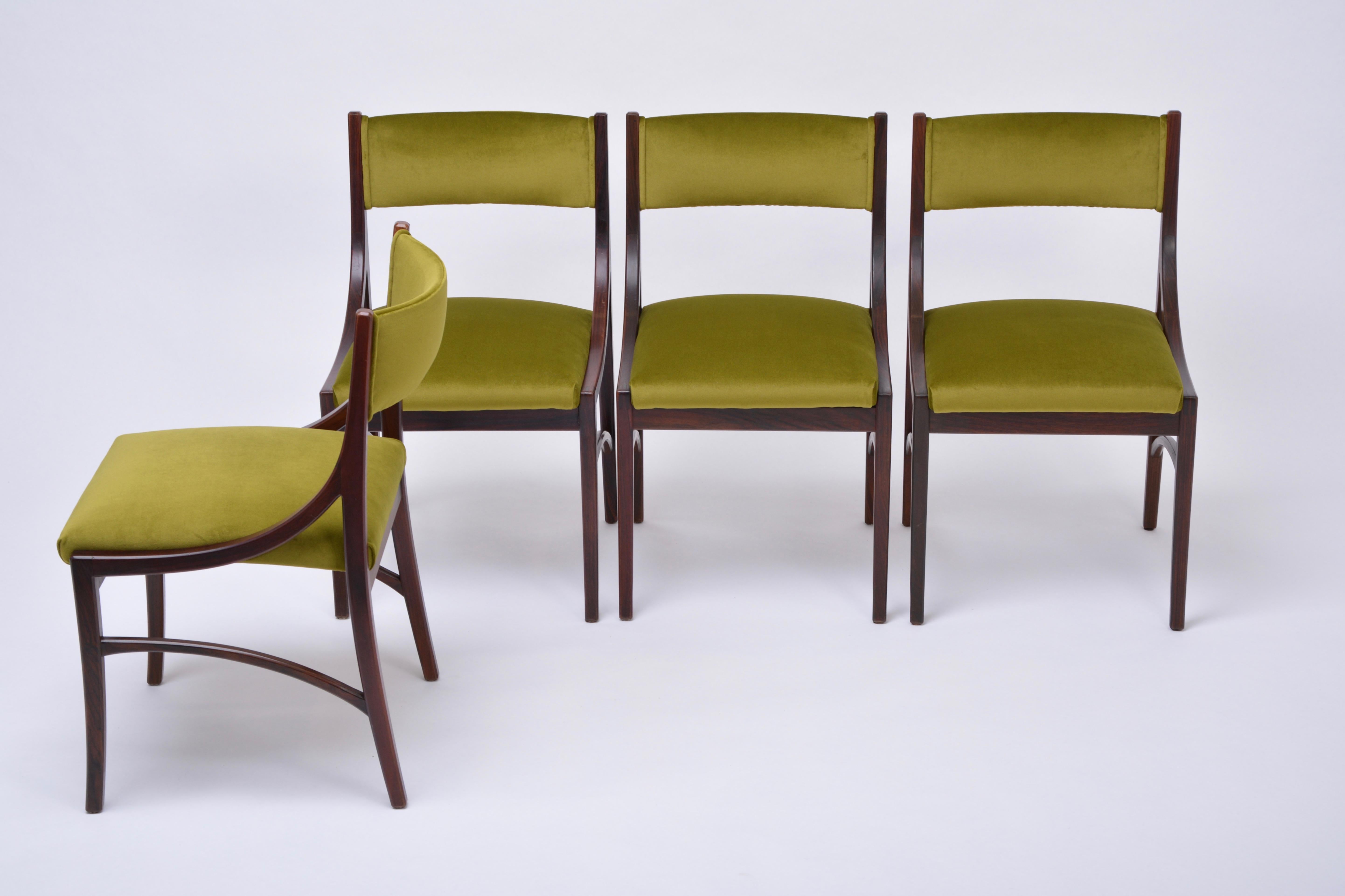 Velvet Set of four Mid-Century Modern Green reupholstered Dining Chairs by Ico Parisi 