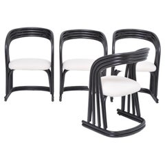 Set of Four Reupholstered Dining Chairs in Organically Formed Black Rattan
