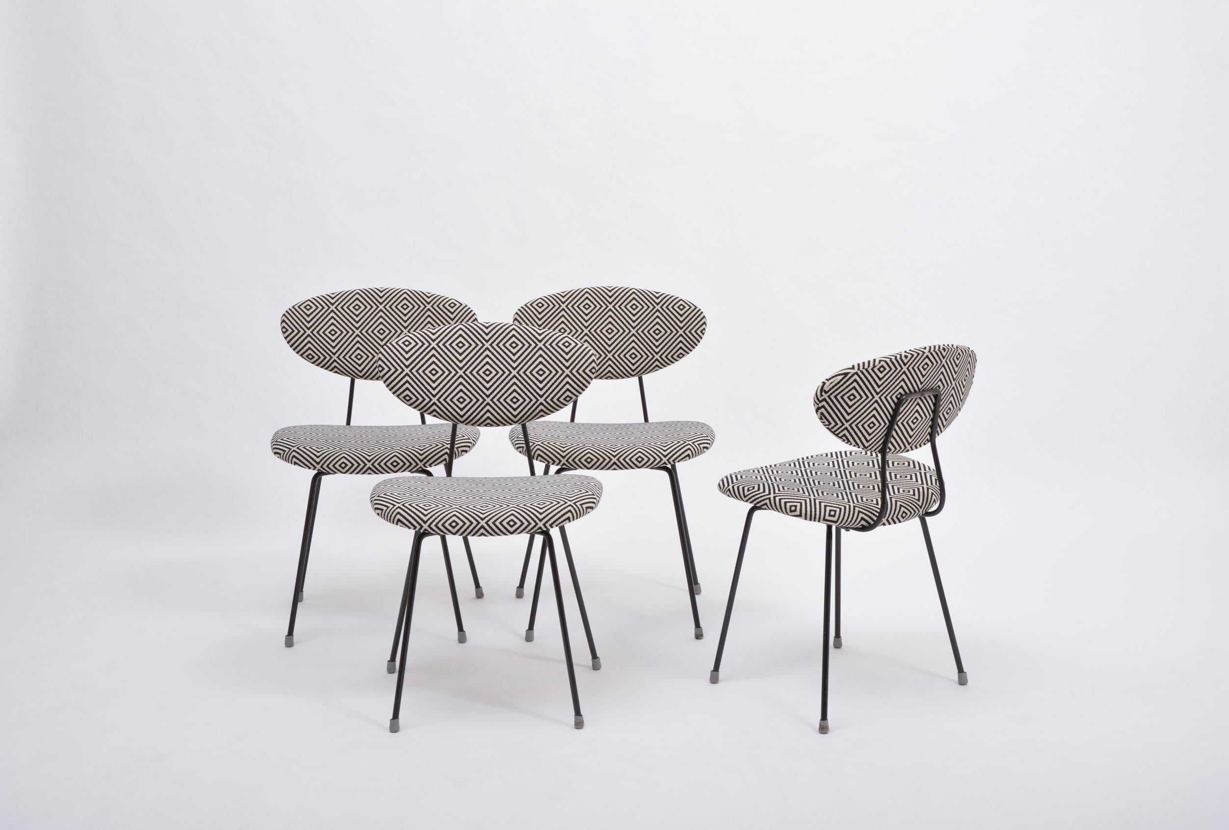 Dutch Set of Four Reupholstered Mid-Century Modern Dining Chairs by Rudolf Wolf