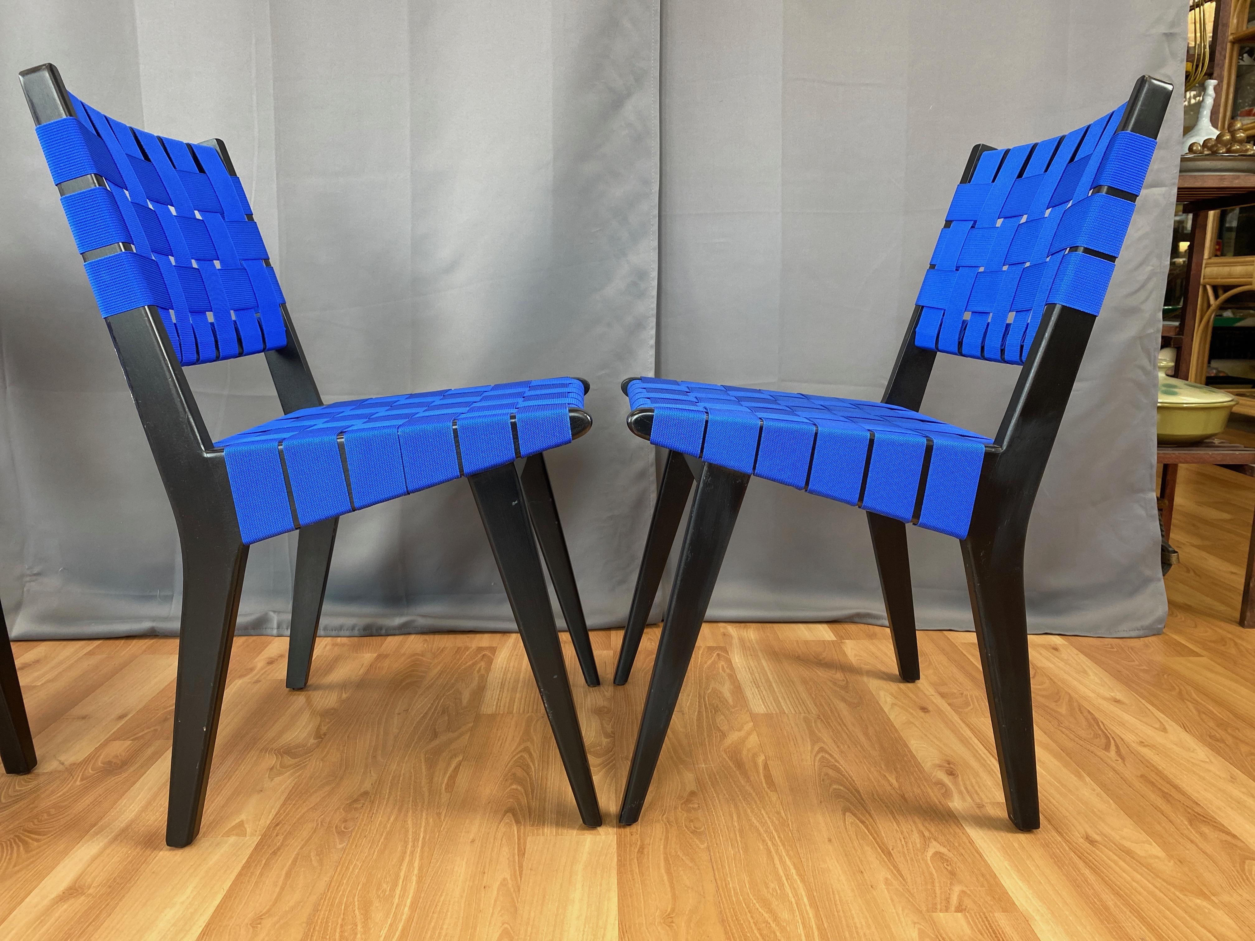 Set of Four Risom for KnollStudio Side Chairs, Ebony with Blue Webbing, 2010s 1