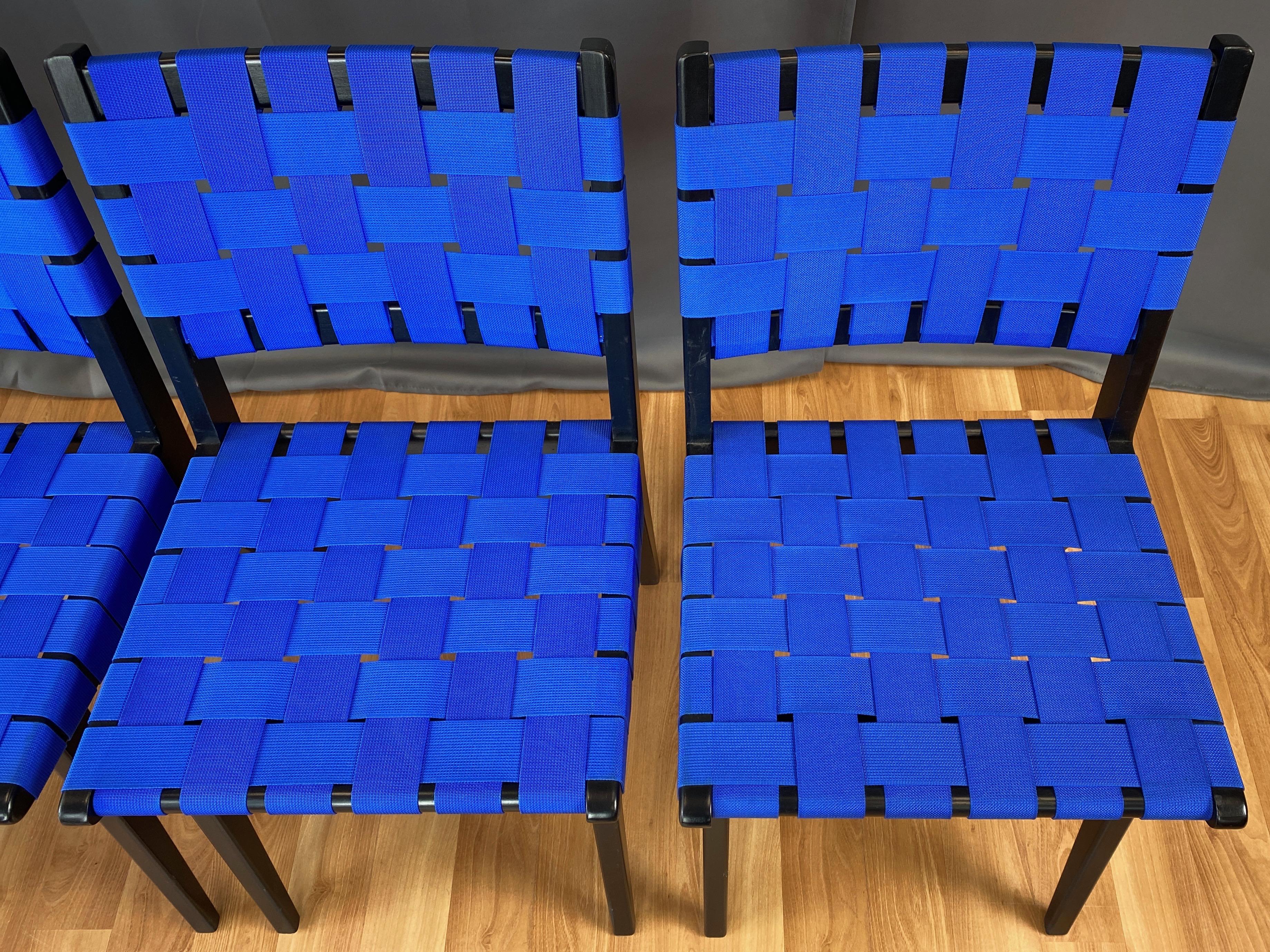 Set of Four Risom for KnollStudio Side Chairs, Ebony with Blue Webbing, 2010s 4