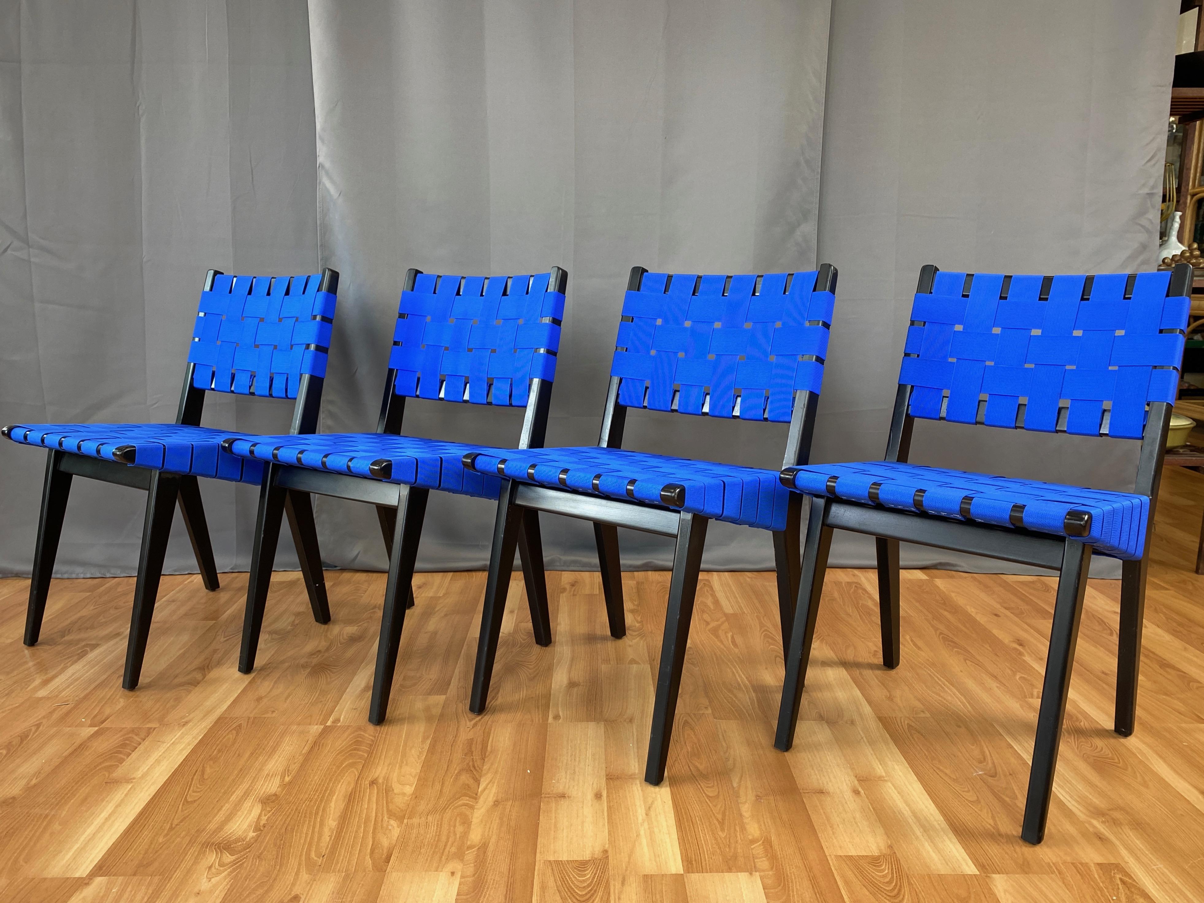 Mid-Century Modern Set of Four Risom for KnollStudio Side Chairs, Ebony with Blue Webbing, 2010s