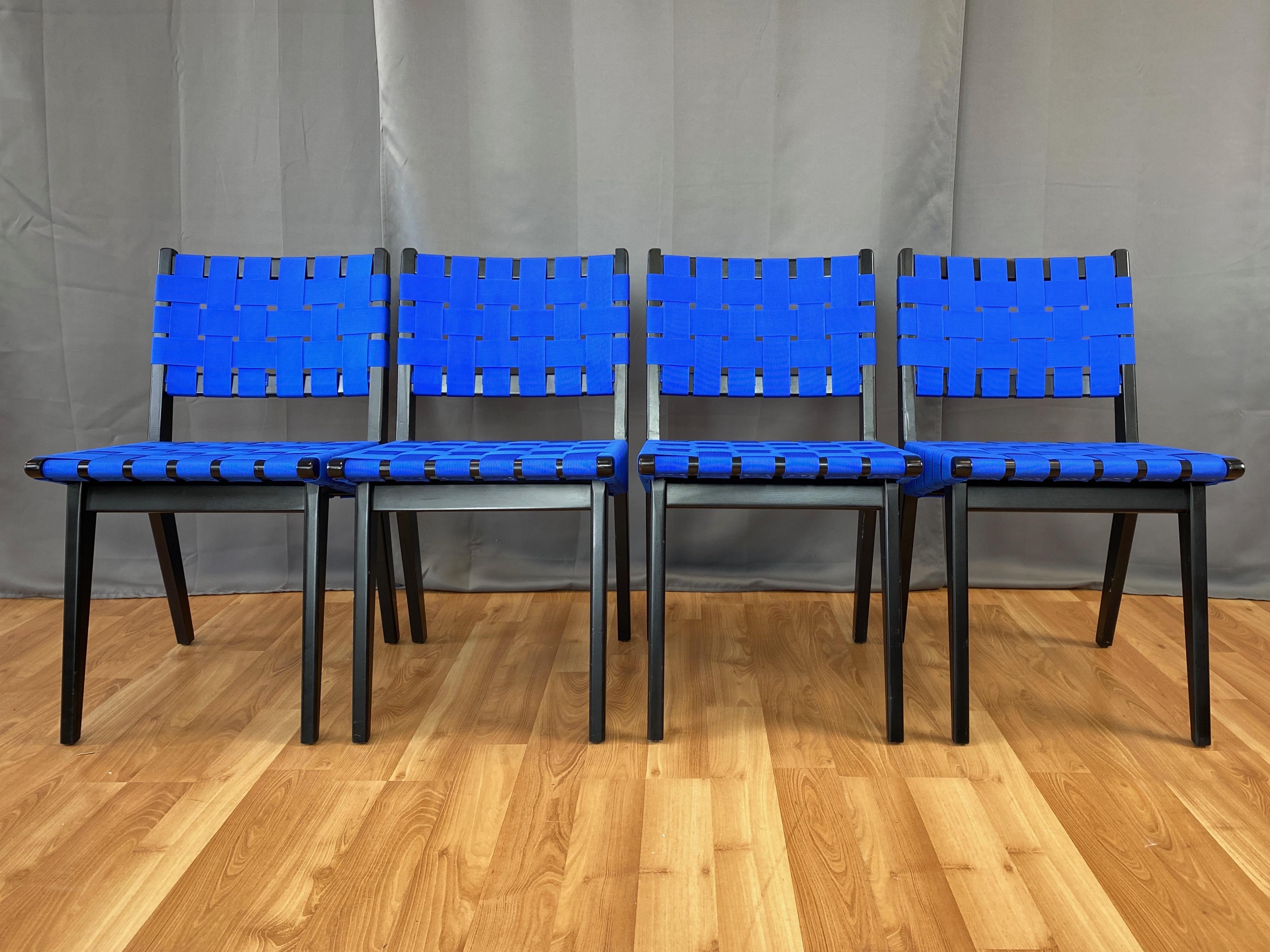 American Set of Four Risom for KnollStudio Side Chairs, Ebony with Blue Webbing, 2010s