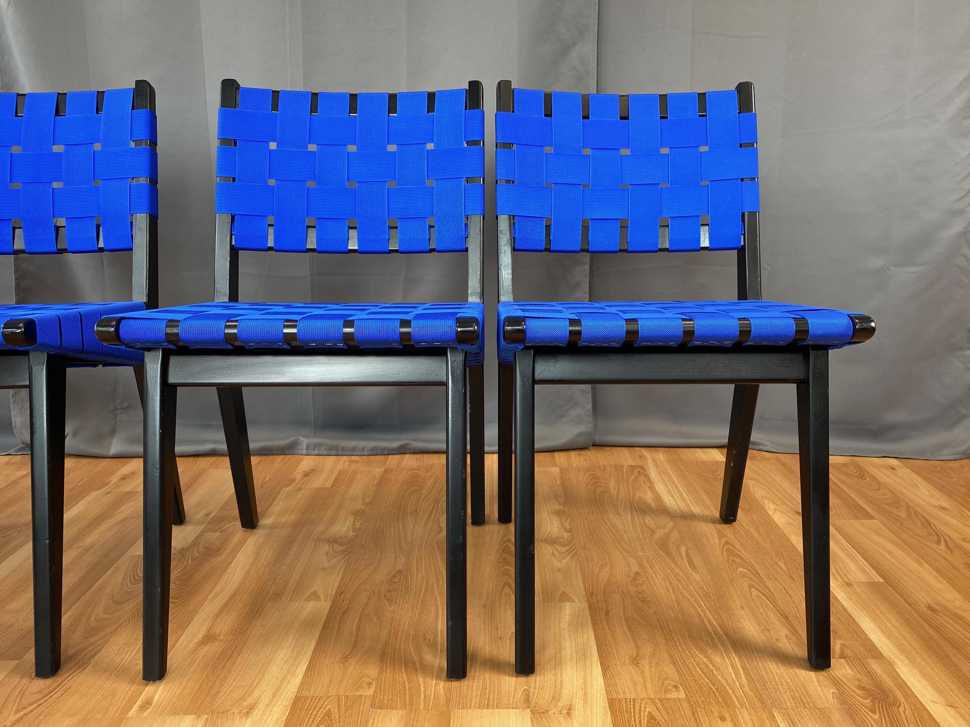Ebonized Set of Four Risom for KnollStudio Side Chairs, Ebony with Blue Webbing, 2010s