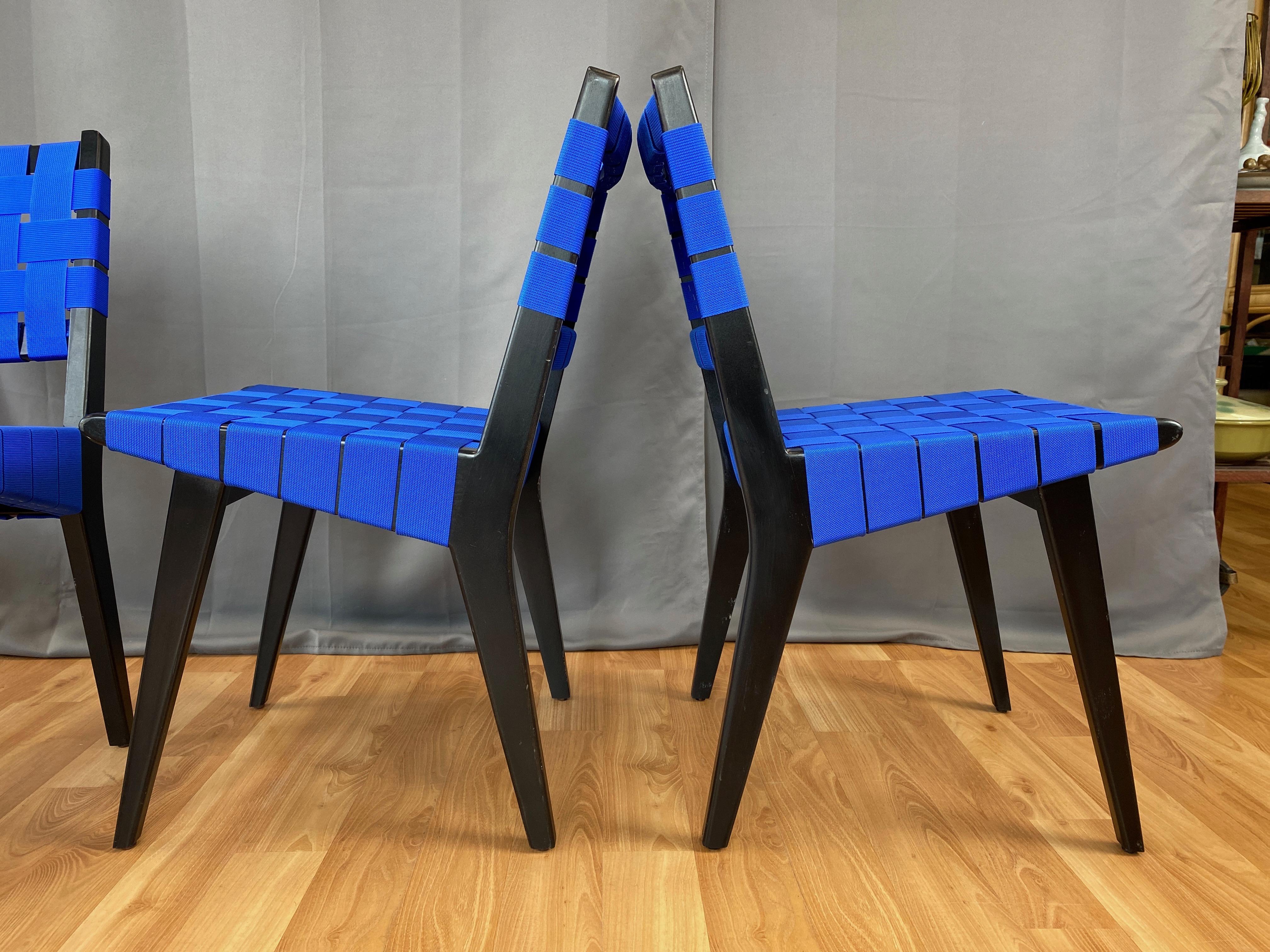Set of Four Risom for KnollStudio Side Chairs, Ebony with Blue Webbing, 2010s In Good Condition In San Francisco, CA