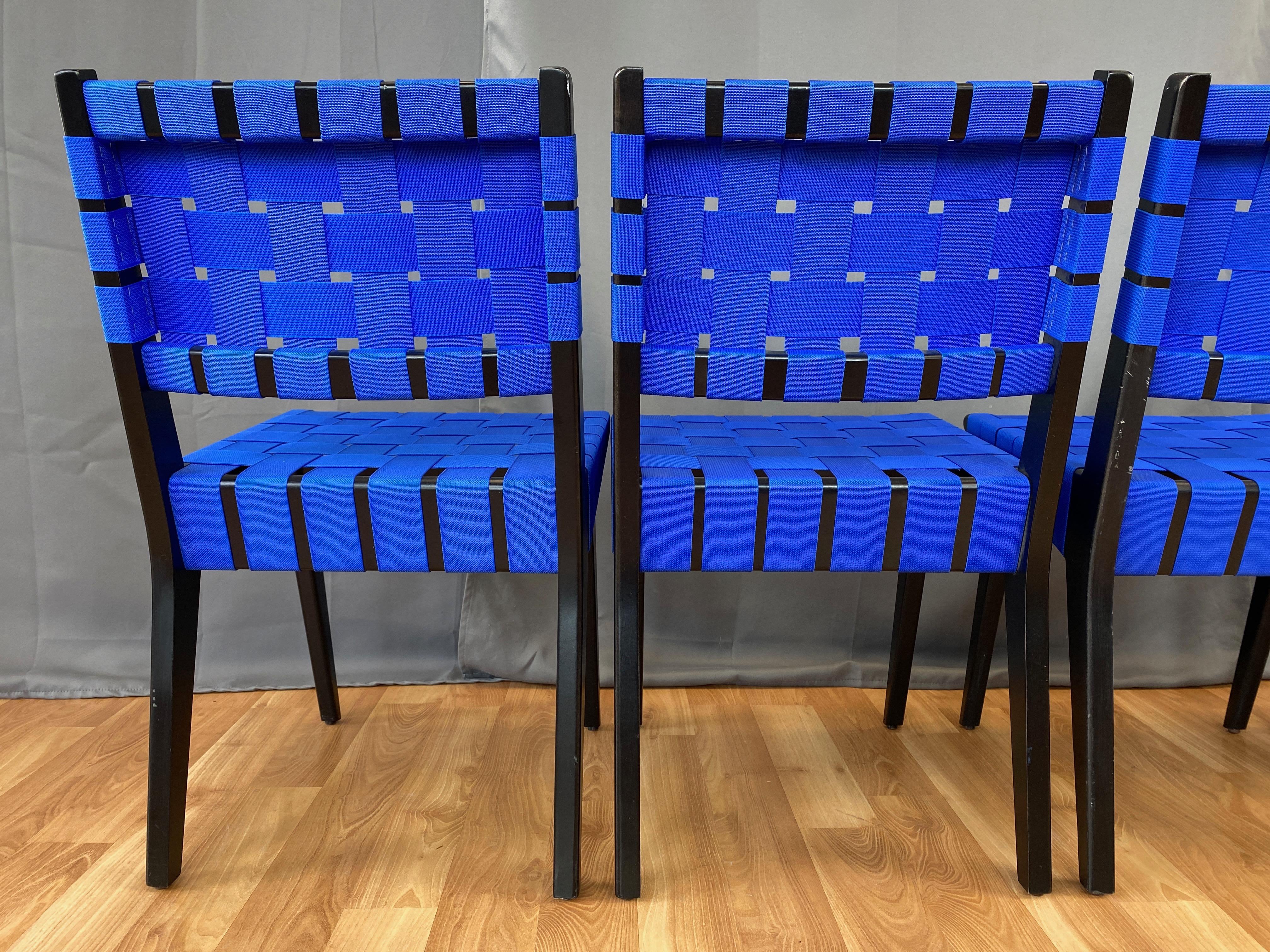 Contemporary Set of Four Risom for KnollStudio Side Chairs, Ebony with Blue Webbing, 2010s