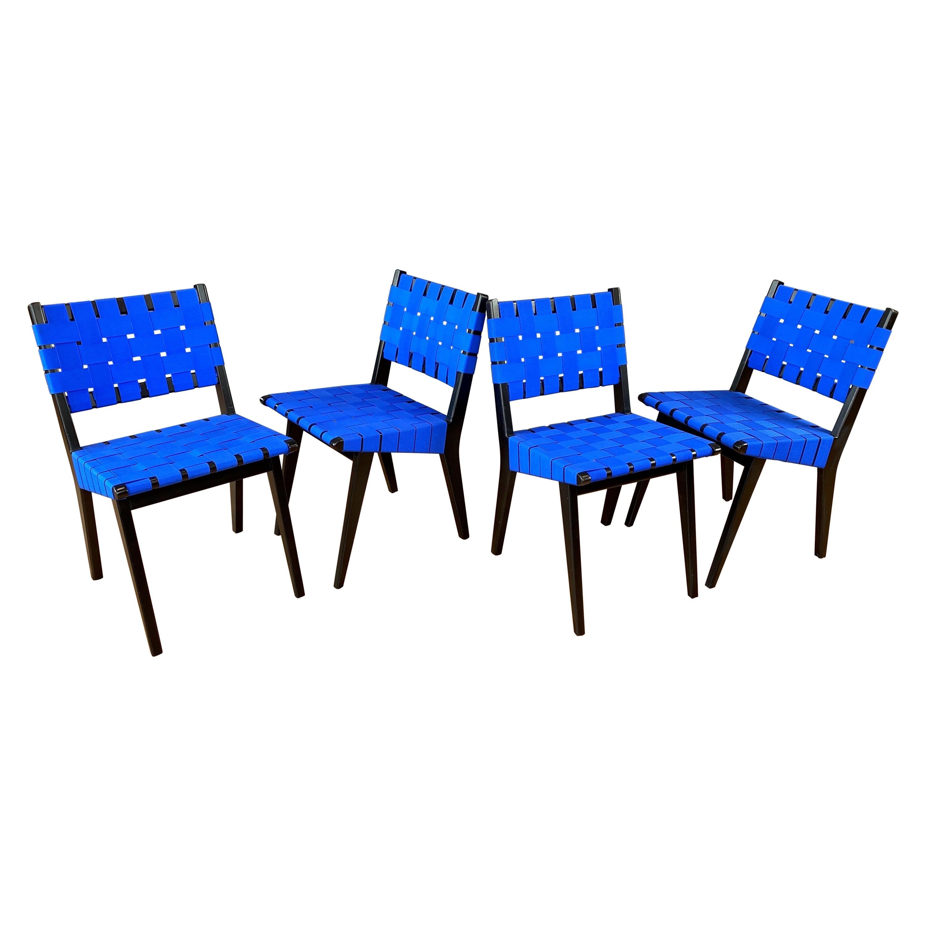 Set of Four Risom for KnollStudio Side Chairs, Ebony with Blue Webbing, 2010s