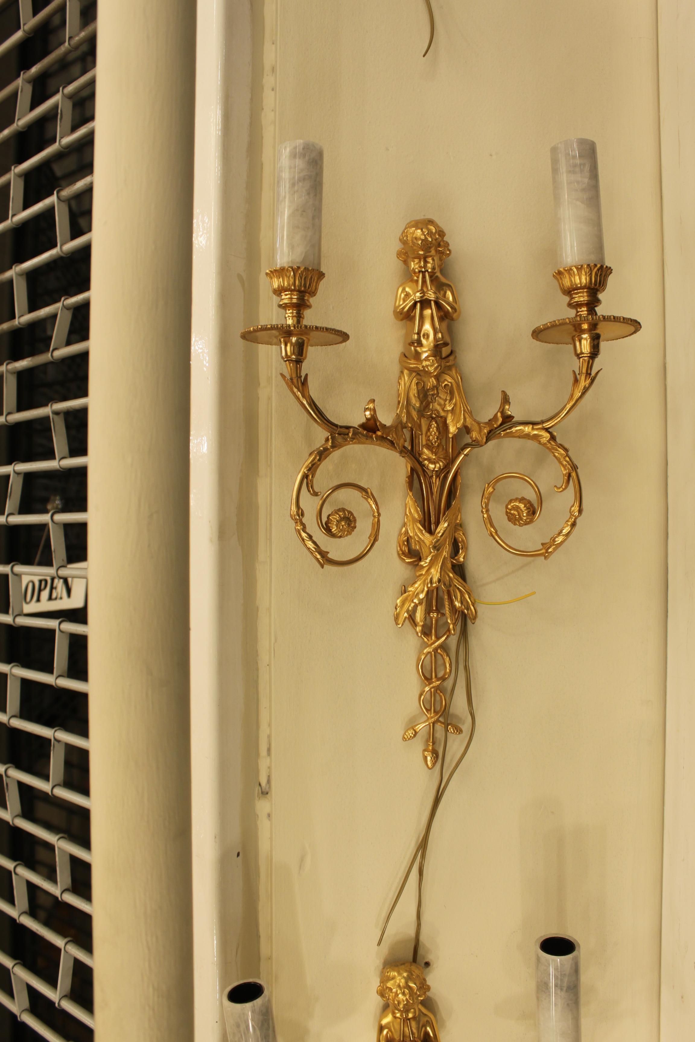 19th Century Set of rock crystal French Gilt Bronze Two arm Cherub Wall Sconces For Sale