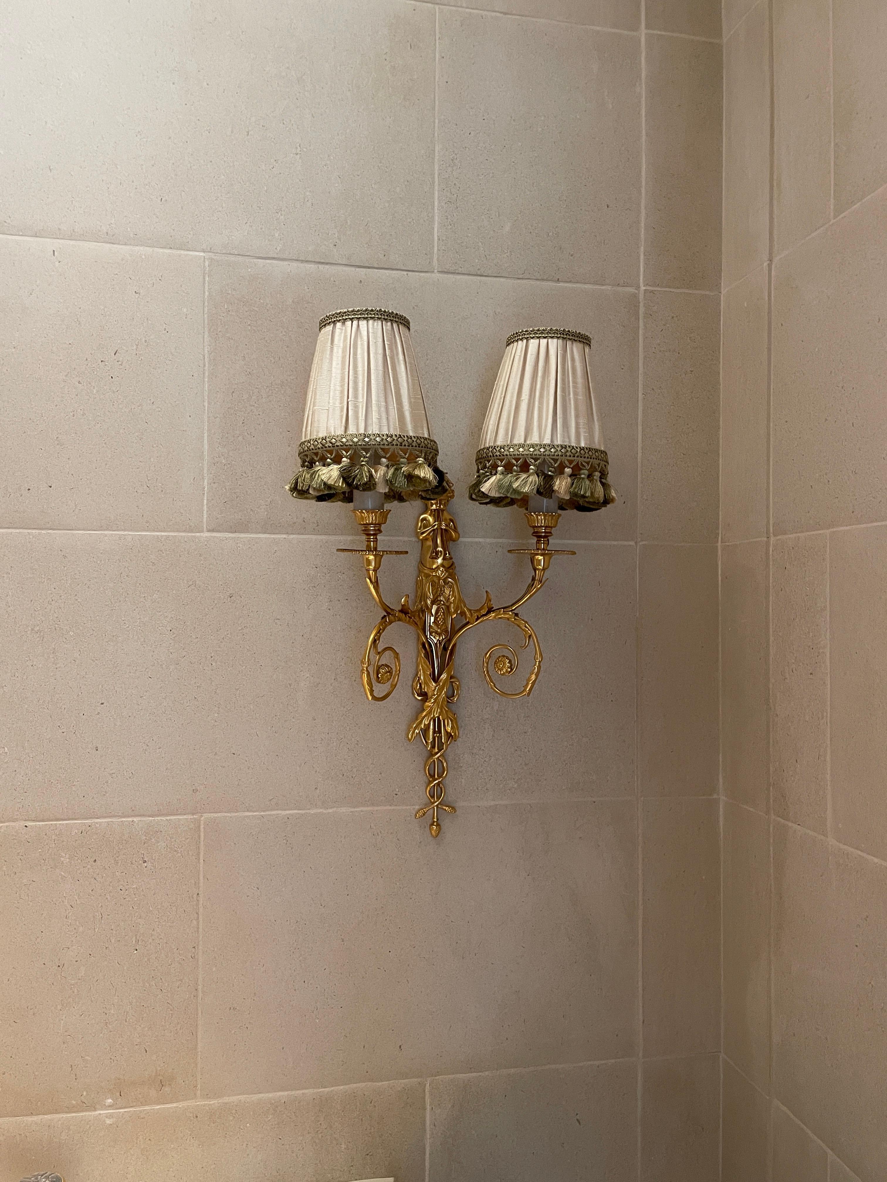 Set of rock crystal French Gilt Bronze Two arm Cherub Wall Sconces For Sale 1