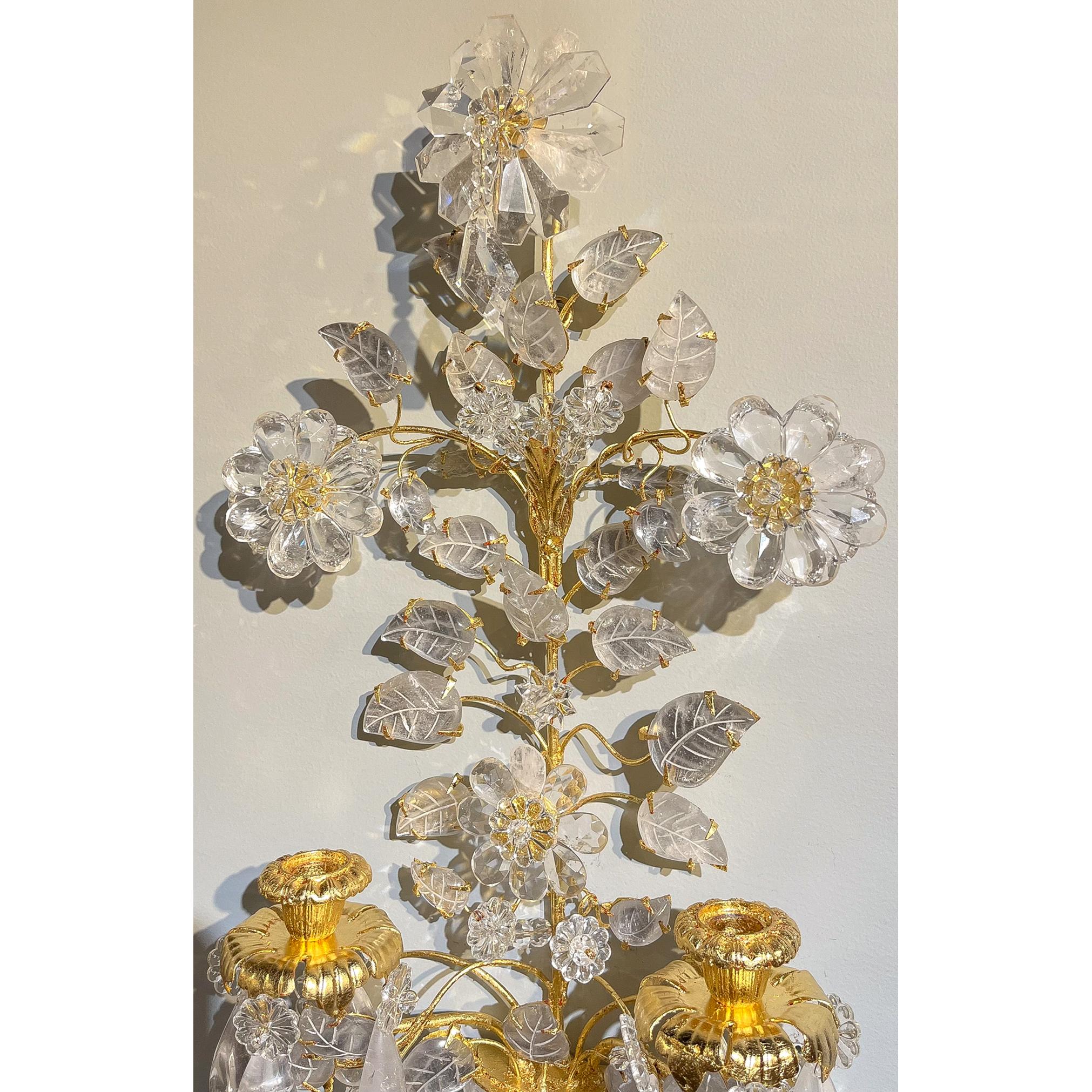 Rococo Set of Four Rock Crystal Two Light Bouquet Sconces