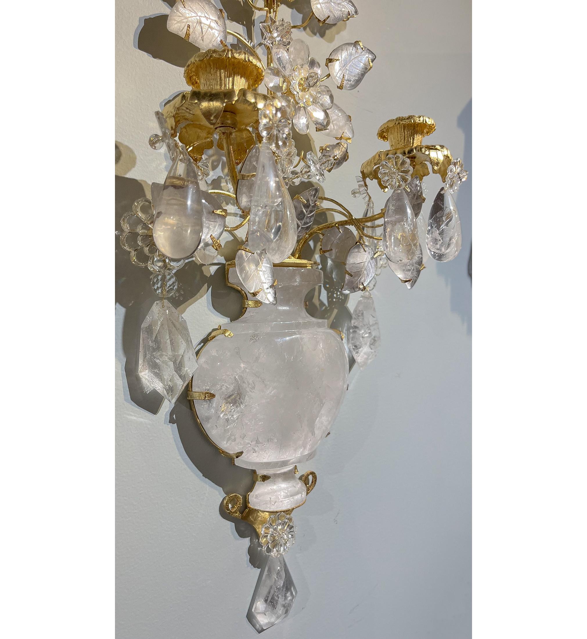 Set of Four Rock Crystal Two Light Bouquet Sconces In Good Condition In New York, NY