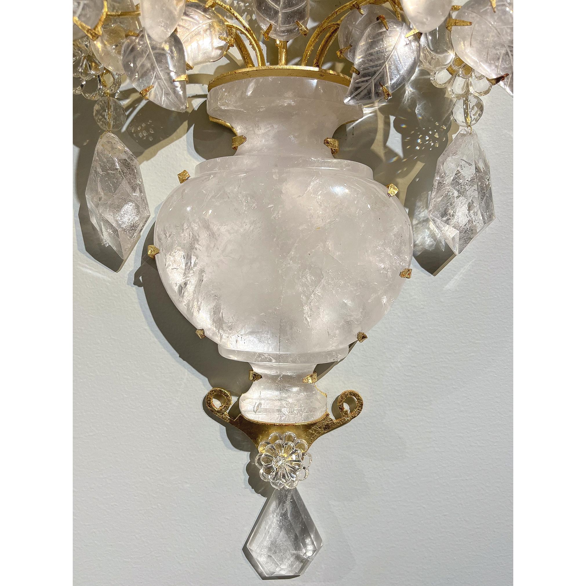 Bronze Set of Four Rock Crystal Two Light Bouquet Sconces
