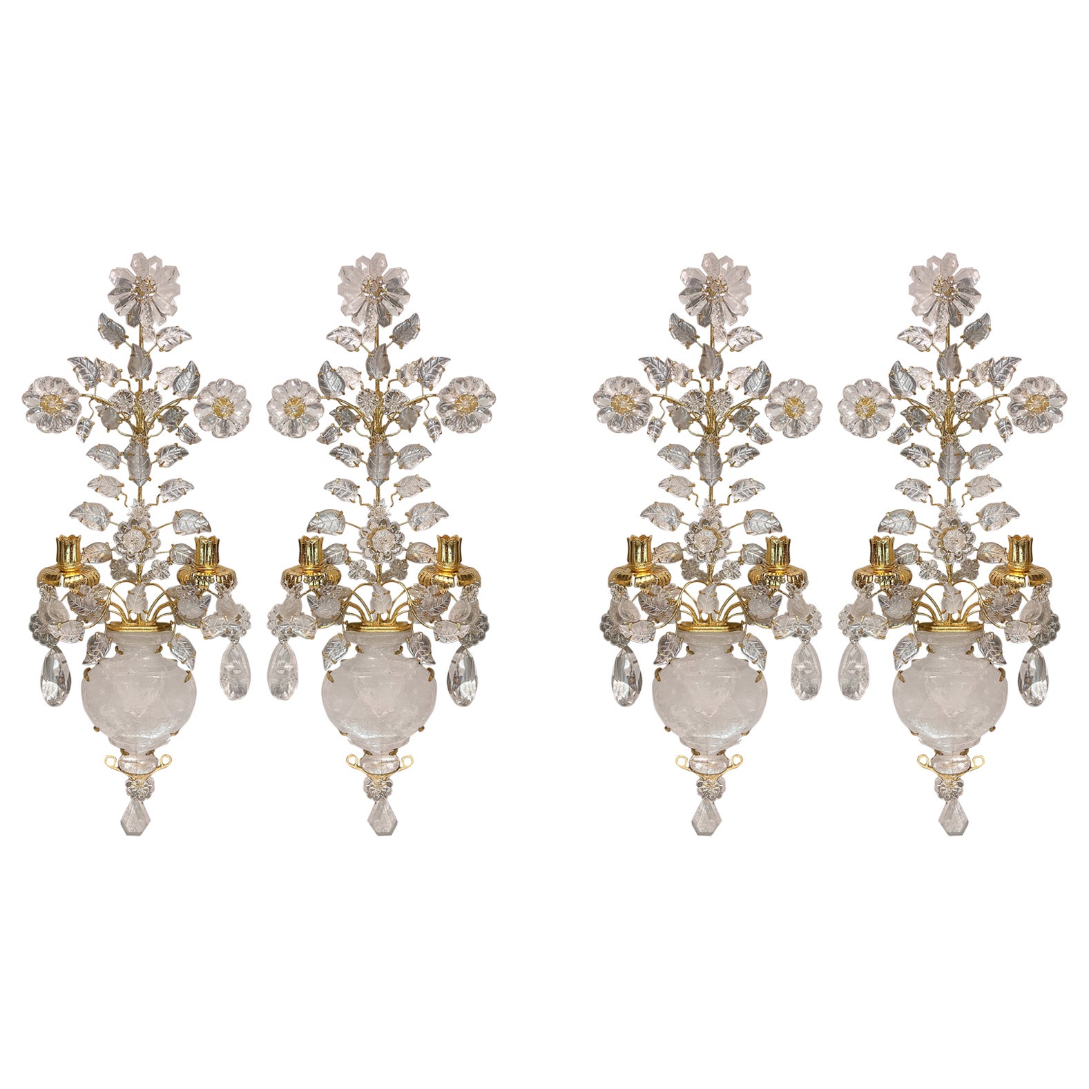 Set of Four Rock Crystal Two Light Bouquet Sconces